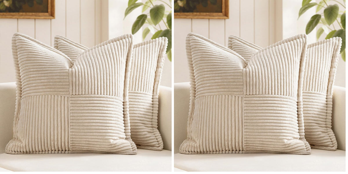 MIULEE Decorative Throw Pillow Covers for Couch 18x18 Inch Beige 2 Pack | Boho Broadside Striped Patchwork Pillow Covers, Soft Corduroy Cushion Cases, For Sofa Bed Livingroom Home Decor