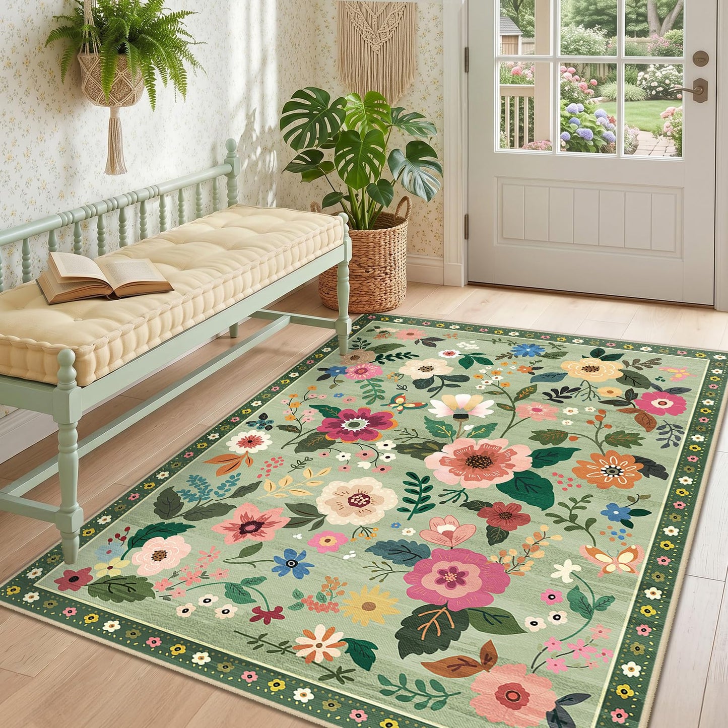 RELEANY Floral Washable 5x7 Area Rugs Beige/White/Orange | Flower Carpet, Print, Boho, Non-Slip, Easy to Clean, Soft, Low Pile for Living Room Bedroom Kitchen Office Entryway Hallway