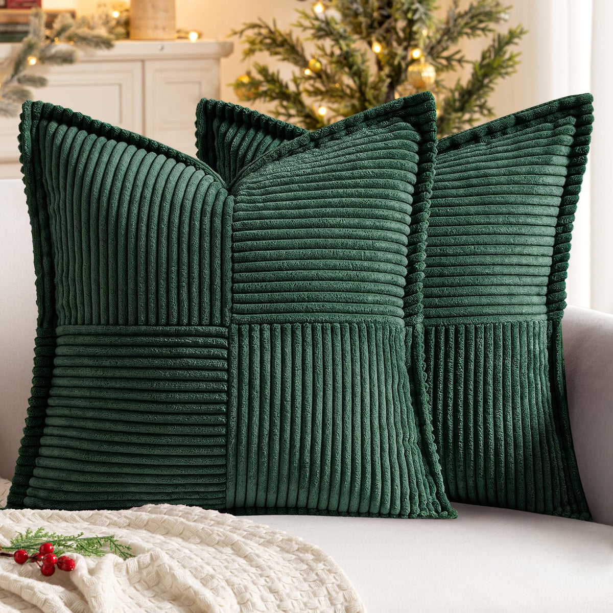 MIULEE Decorative Throw Pillow Covers for Couch 18x18 Inch Beige 2 Pack | Boho Broadside Striped Patchwork Pillow Covers, Soft Corduroy Cushion Cases, For Sofa Bed Livingroom Home Decor