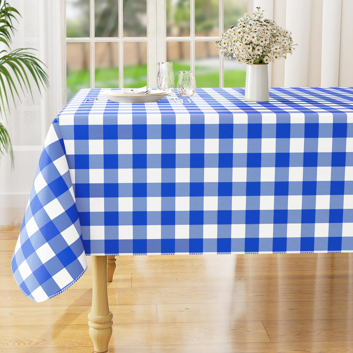 Rectangle Waterproof Vinyl Table Cloth, Buffalo Flannel Backed Tablecloth, Wipeable Plastic Table Cover for Dinner, Kitchen, Outdoor (60" x 84", Black and White)
