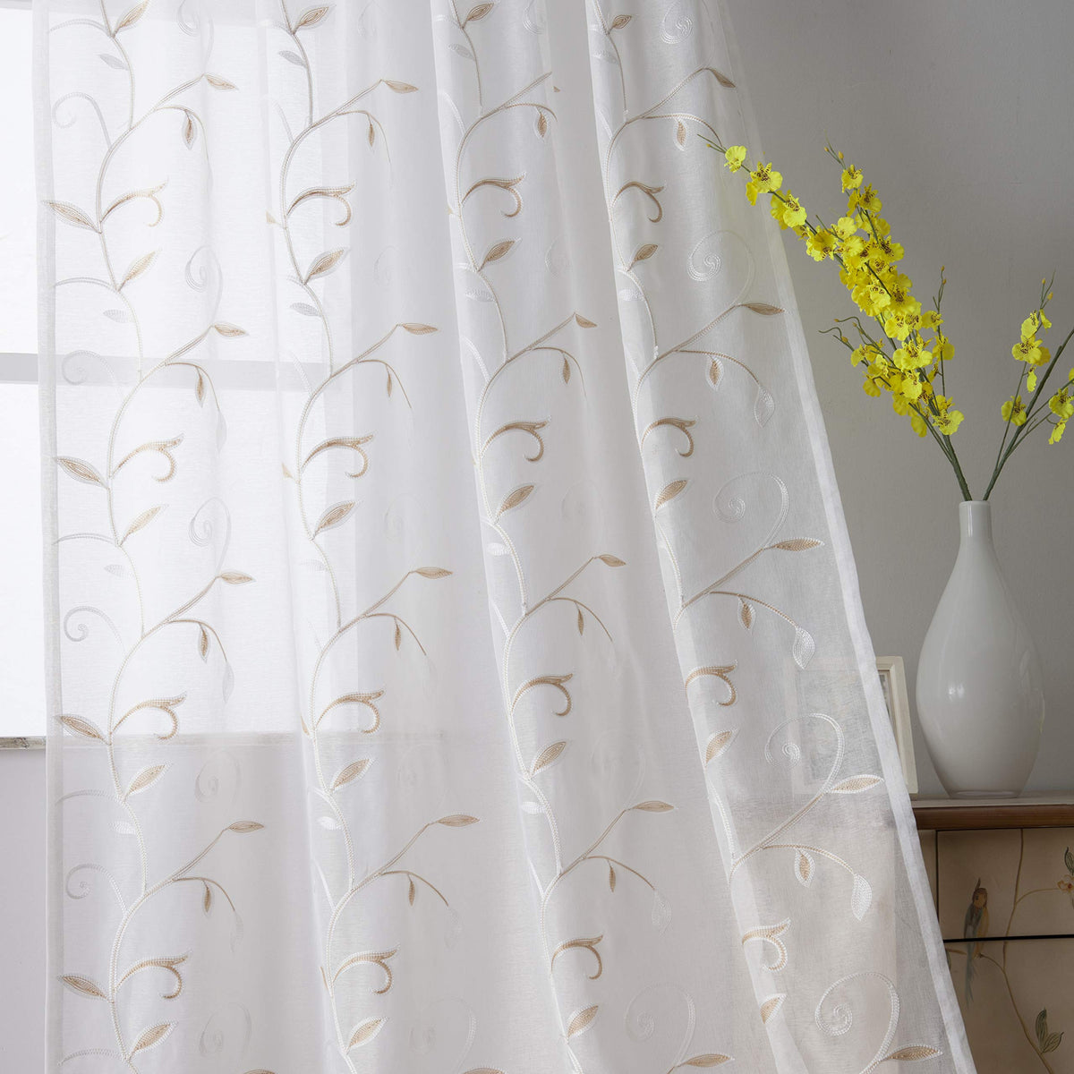 Sheer Curtains Boho Leaf Floral Embroidered Cream Beige 54Wx84L | Light Filtering Semi Sheer Voile Curtains With Design, Rod Pocket Window Drapes for Bedroom Living Room 2 Panels