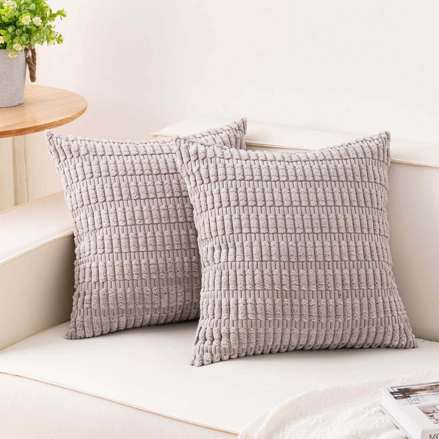 Pack of 2 Corduroy Decorative Throw Pillow Covers 18x18 Inch, Cream White | Fall Soft Striped Pillow Covers Modern Farmhouse Home Decor Christmas Throw Pillow Covers for Sofa Living Room Couch Bed ﻿