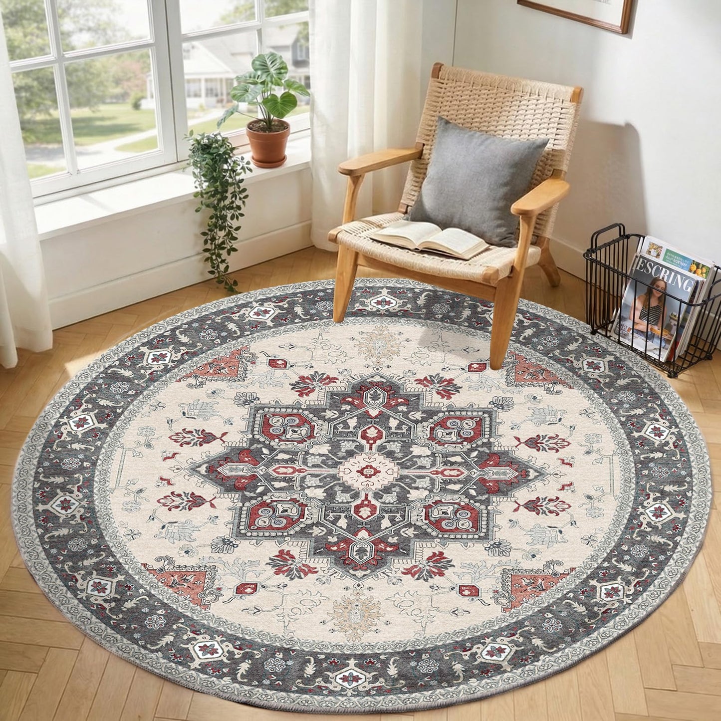 OPPODREAM Soft Area Rugs 5x7, Persian-Inspired Washable Rug, Blue & Gold | Low-Pile Faux Cashmere Surface, TPR Non-Slip Backing, 5 x 7 Carpet for Bedroom, Office, Dorm, Dining Room