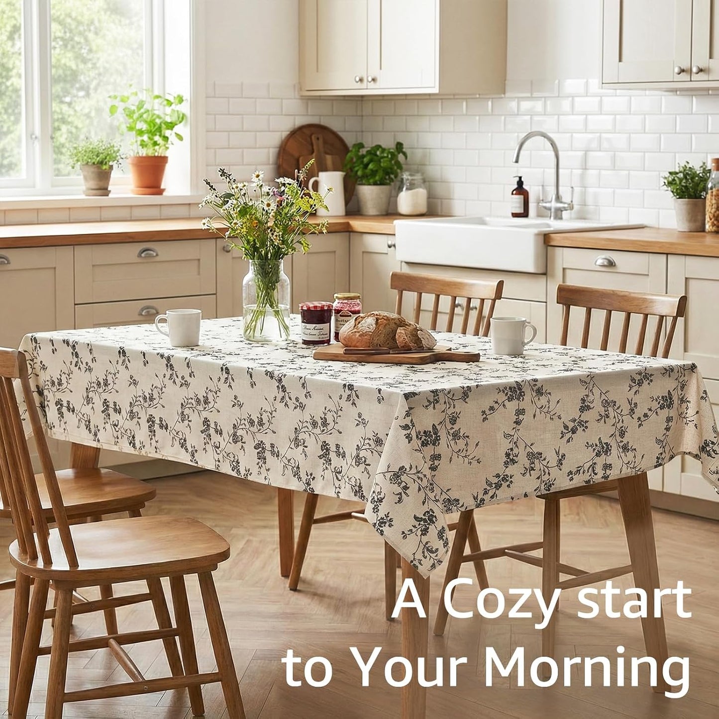jinchan Black Farmhouse Floral Linen Rectangle Table Cloth 52 x 70 Inch | Traditional farmhouse florals create a versatile look for everyday dining and seasonal decorating.