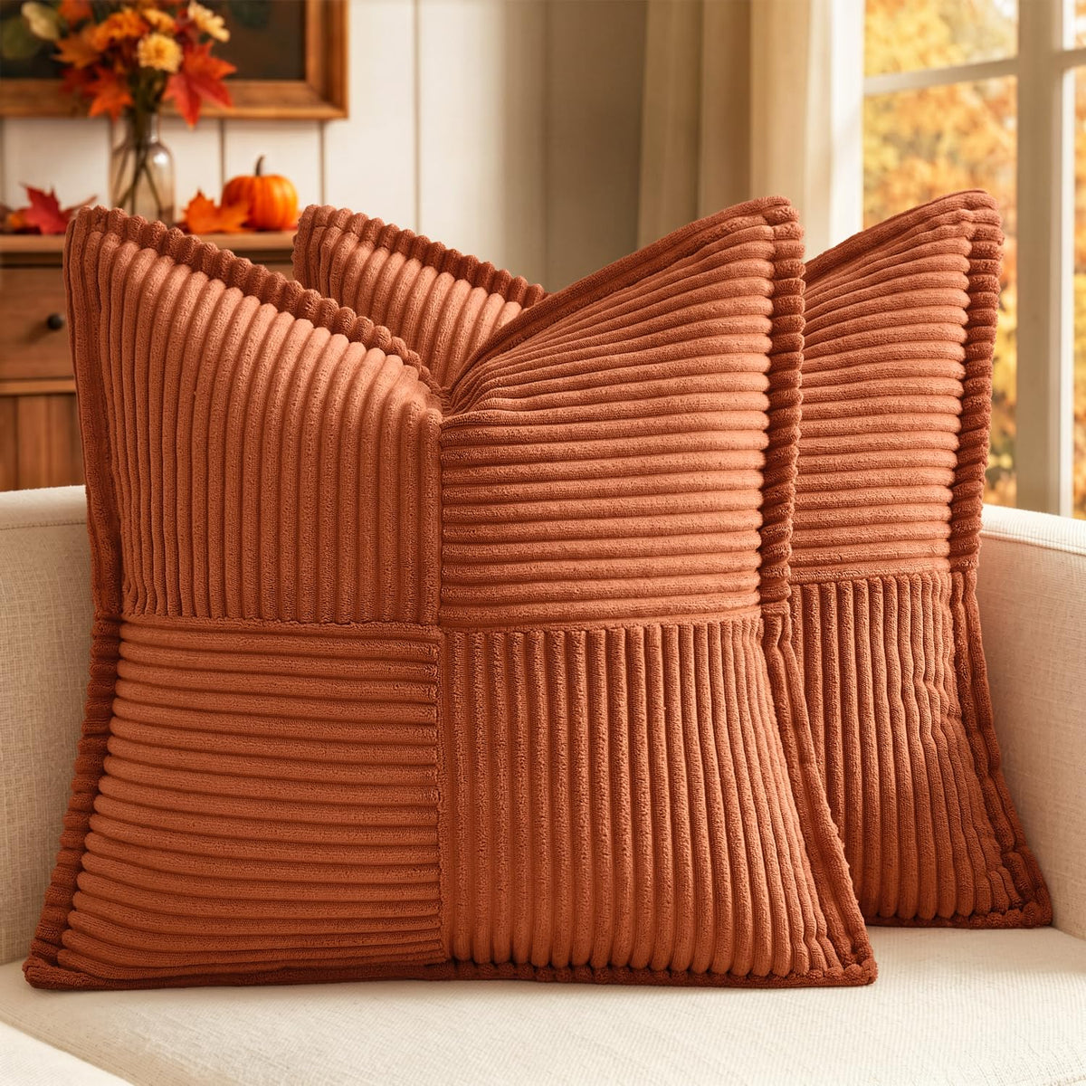 MIULEE Decorative Throw Pillow Covers for Couch 18x18 Inch Beige 2 Pack | Boho Broadside Striped Patchwork Pillow Covers, Soft Corduroy Cushion Cases, For Sofa Bed Livingroom Home Decor