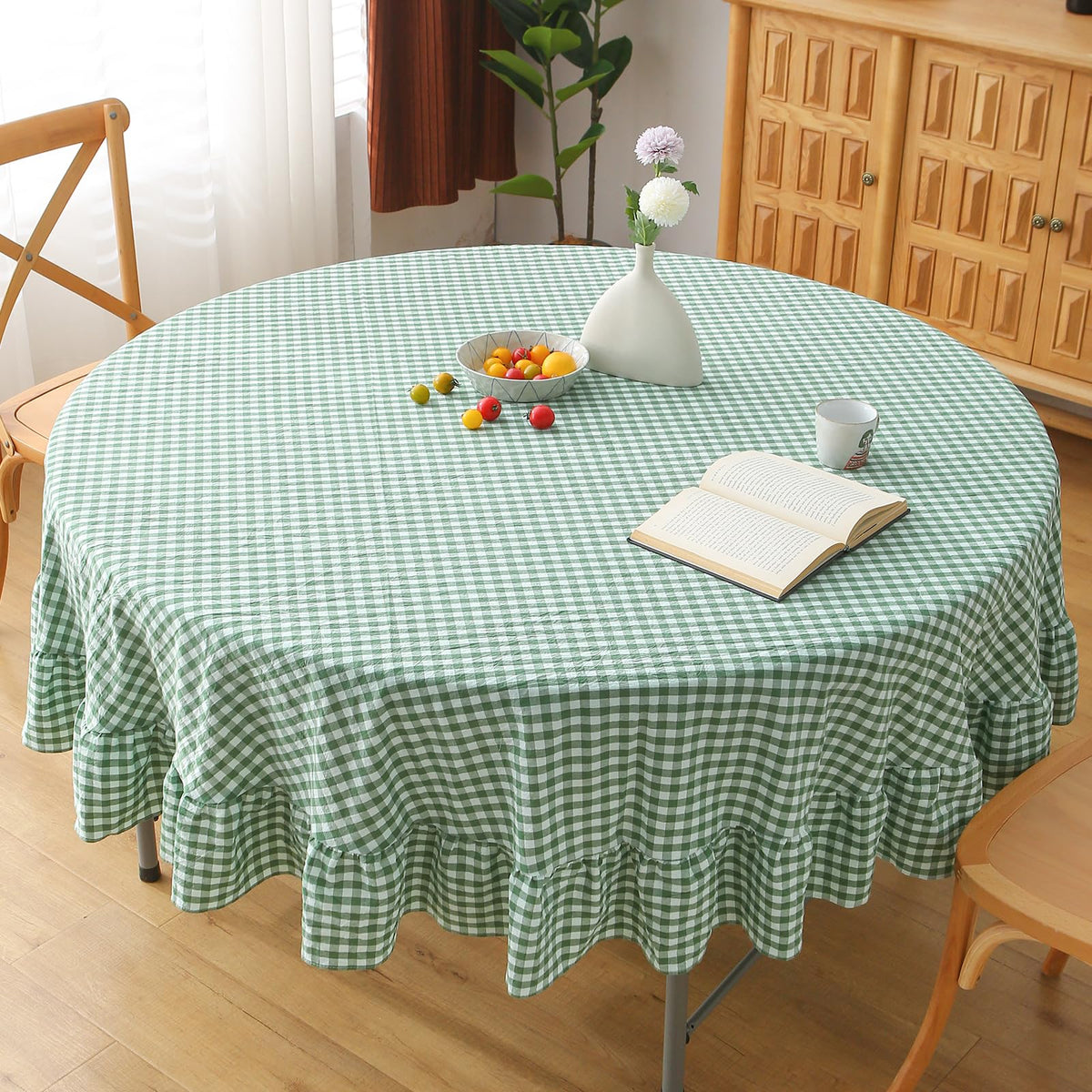 Blush White Gingham Ruffled Table Cloth Rectangular 120“x60” | 100% Washed Cotton, for Seat 8-10, Buffet Picnic Baby Shower Party Tablecloth, Decorative Checker Plaid Farmhouse Table Cover