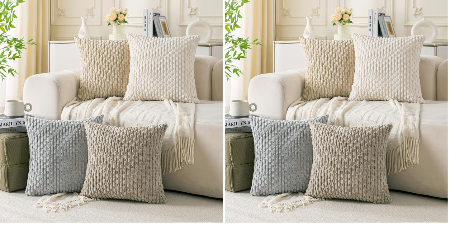 Set of 4 Neutral Decorative Throw Pillow Covers 18x18 Inch Corduroy Pillow Covers for Bed Couch Sofa Living Room Soft Square Cushion Cases