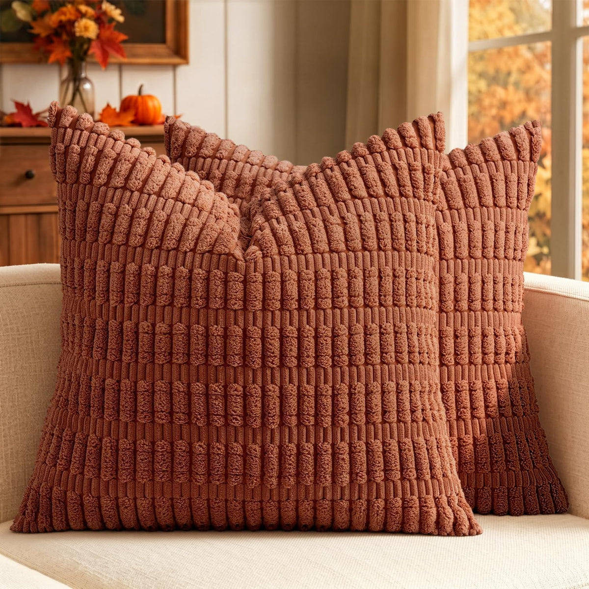 MIULEE Corduroy Decorative Throw Pillow Covers 18x18 Cream White Pack of 2 | Soft Boho Striped Pillow Covers Modern Farmhouse Home Decor For Sofa Living Room Couch Bed