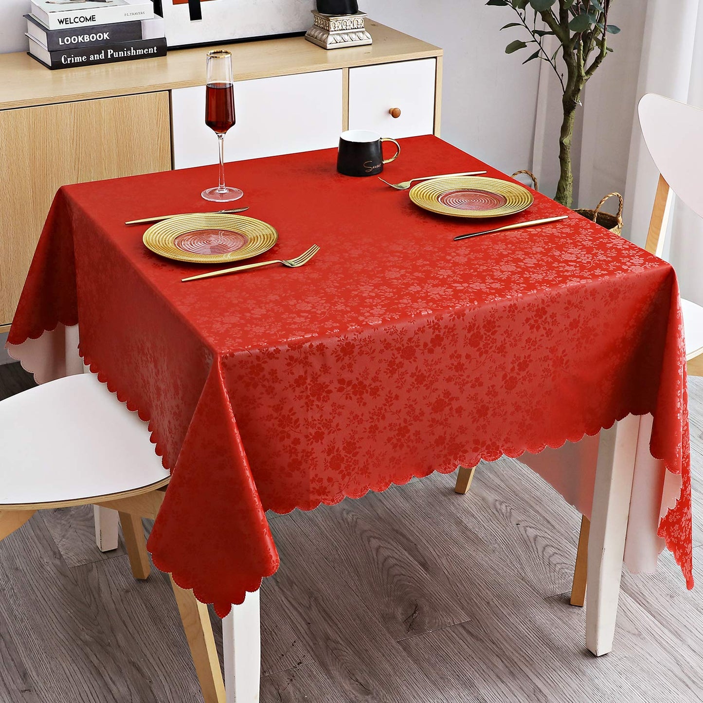 Smiry Rectangle Waterproof Heavy Duty Vinyl Tablecloths, 60 x 84 Inch | Wipeable Washable Floral Embossed Table Cover for Kitchen and Dining Room, Indoor & Outdoor Use, Beige