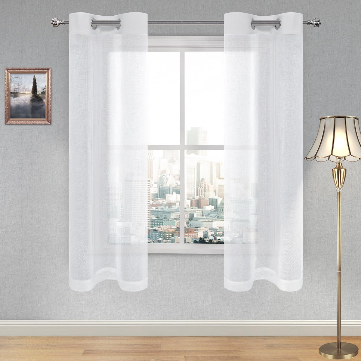DWCN White Sheer Curtains Linen Look Semi Transparent Voile Grommet White Curtains for Living Dining Room Drapes 52 x 84 Inch Long, Set of 2 Panels
