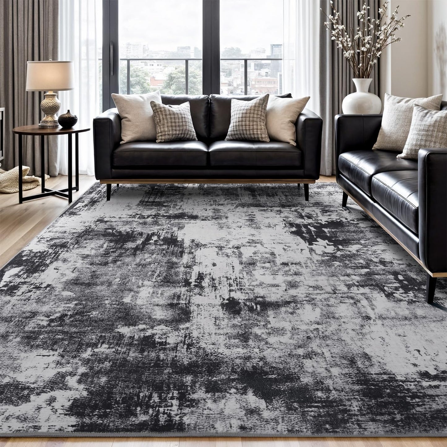 Rugflix 8x10 Area Rugs for Living Room, Washable Large Rug Stain-Resistant Low Pile, Modern Dark Carpet for Dining Room Home Office Kid Room Nursery Bedroom, Navy Blue/Black