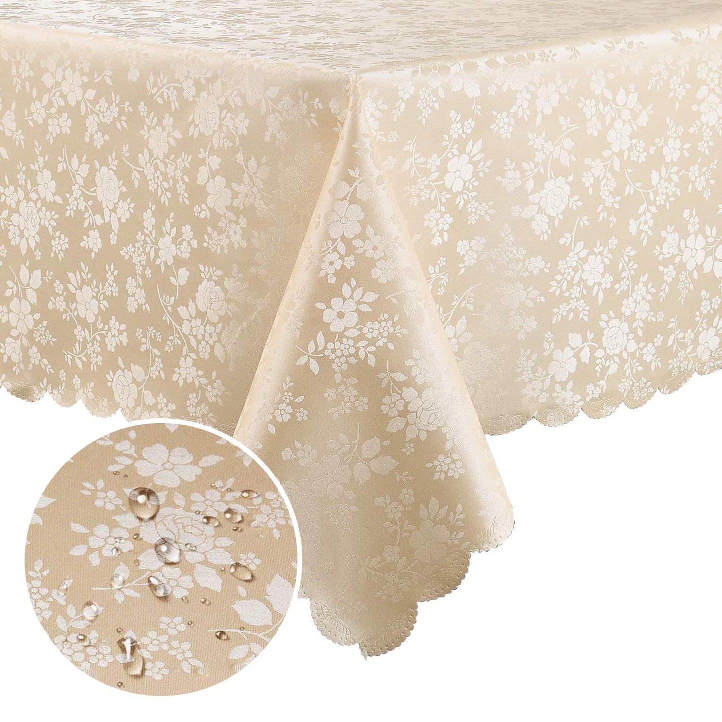 Smiry Rectangle Waterproof Heavy Duty Vinyl Tablecloths, 60 x 84 Inch | Wipeable Washable Floral Embossed Table Cover for Kitchen and Dining Room, Indoor & Outdoor Use, Beige