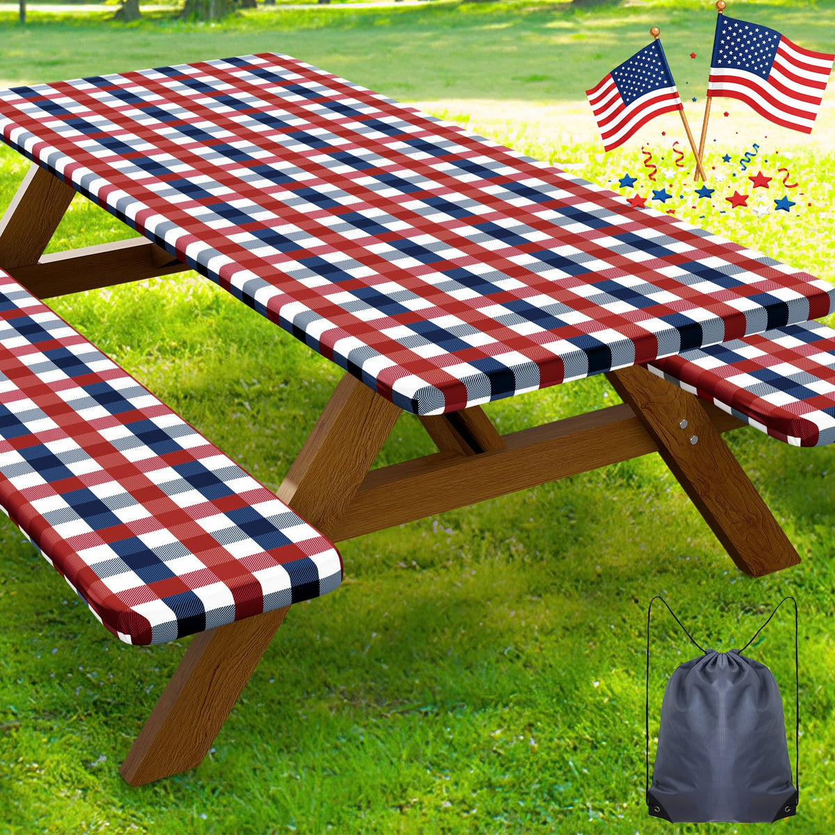 Smiry 6FT Picnic Table Cover with Bench Covers, Elastic Fitted Tablecloth | Waterproof Washable Rectangle Tablecloths ,Buffalo Plaid Tablecloth for Dining, Camping, Outdoor (Black & White, 30" x 72")
