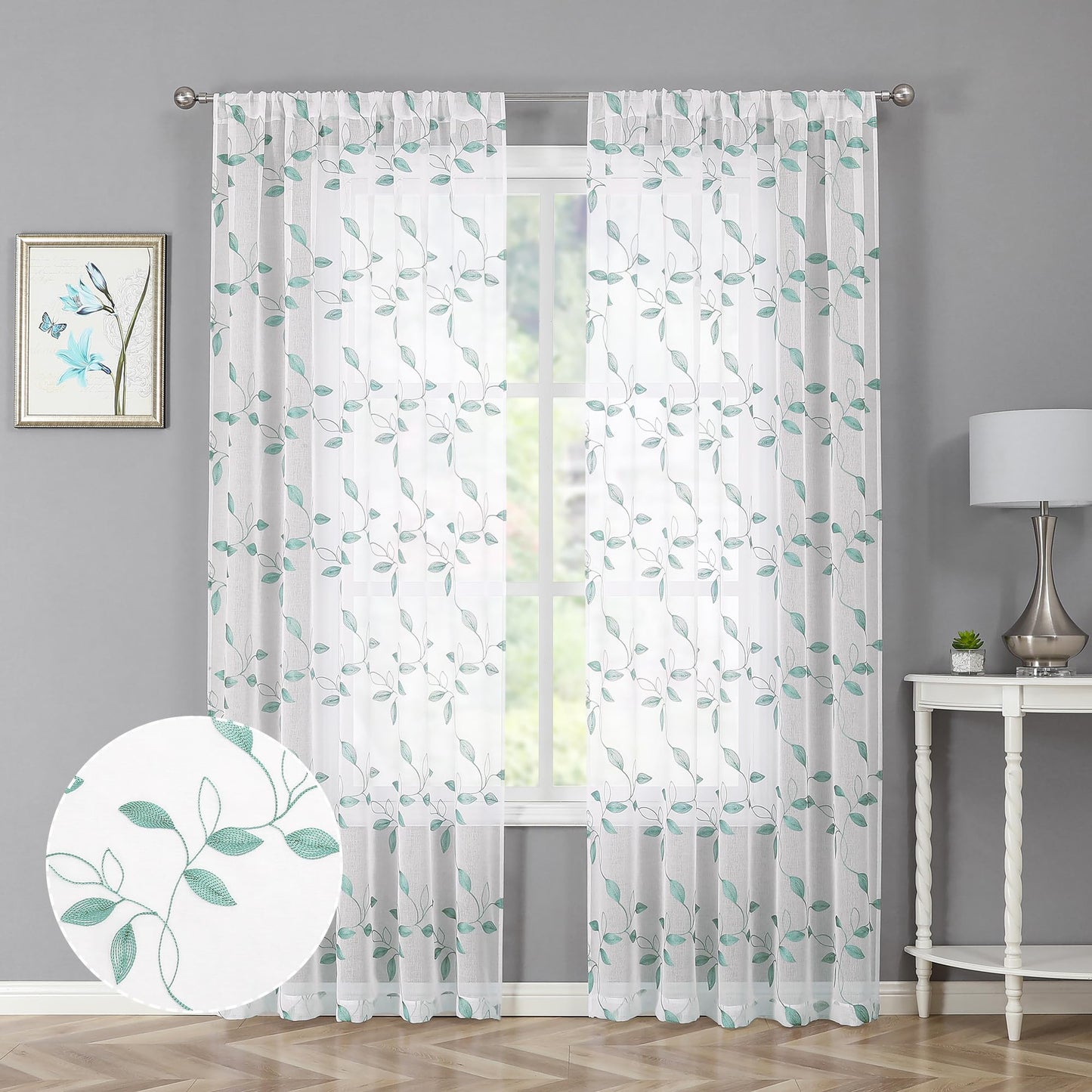 Tollpiz White Leaf Sheer Curtains Bedroom 54 x 84 Inches | Leaves Embroidered Curtain Rod Pocket Voile Window Treatment for Living Room, Set of 2 Panels