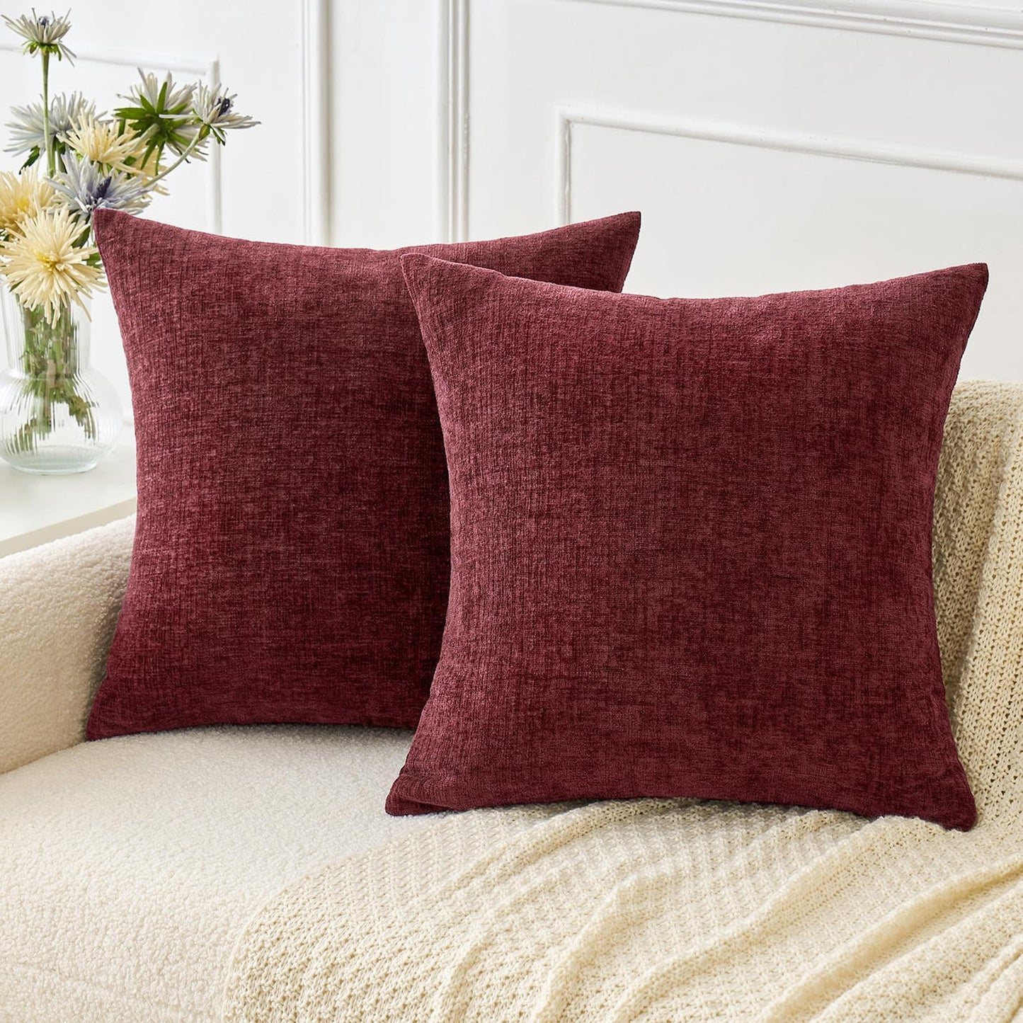 MIULEE Soft Chenille Fall Throw Pillow Covers Burnt Orange 18x18 Pack of 2 | Modern Fall Home Decor, Classic Decorative Pillows, Solid Dyed Cases, Boho Couch Cushion Covers for Sofa Bed Living Room