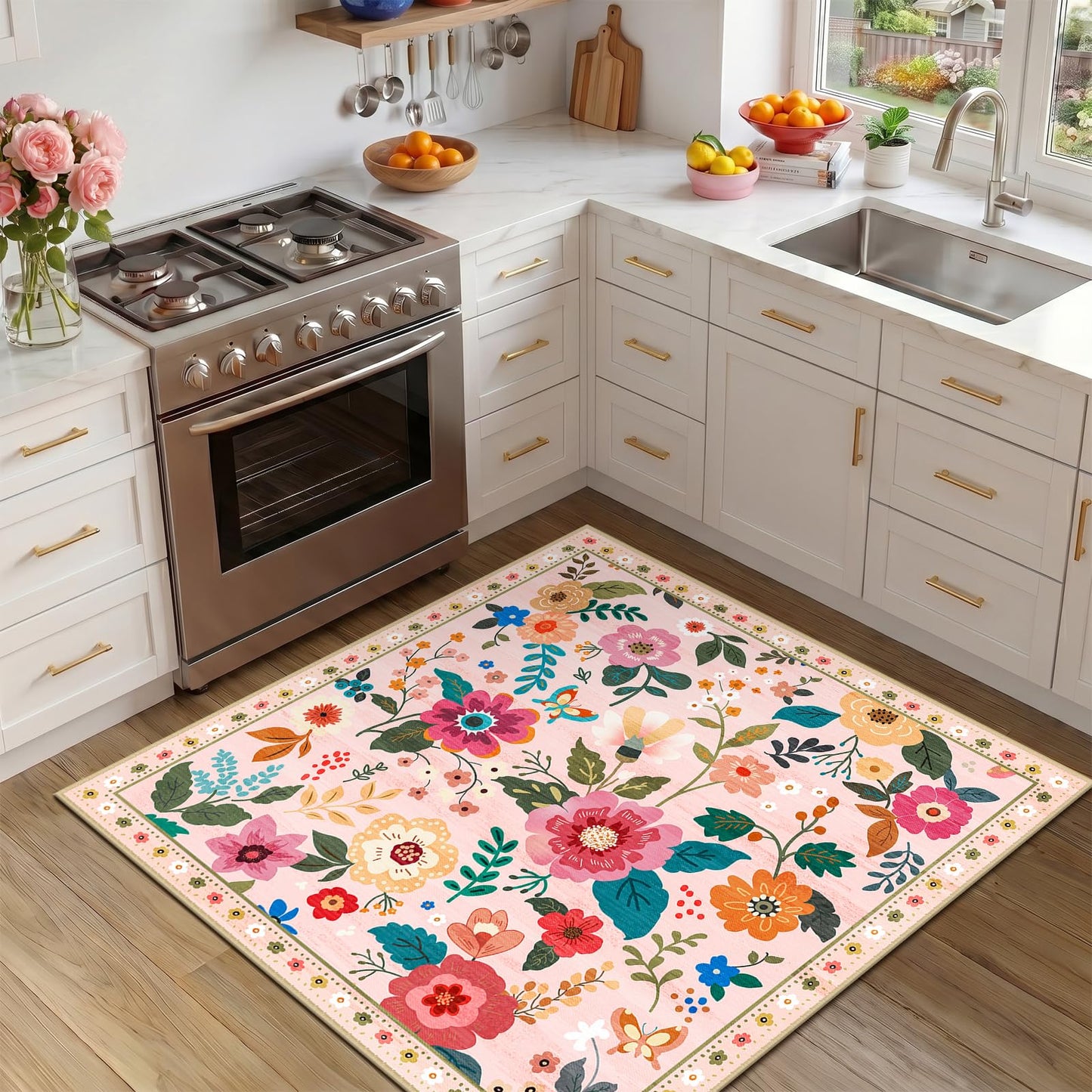 RELEANY Floral Washable 5x7 Area Rugs Black | Flower Carpet, Print, Boho, Non-Slip, Easy to Clean, Soft, Low Pile for Living Room Bedroom Kitchen Office Entryway Hallway