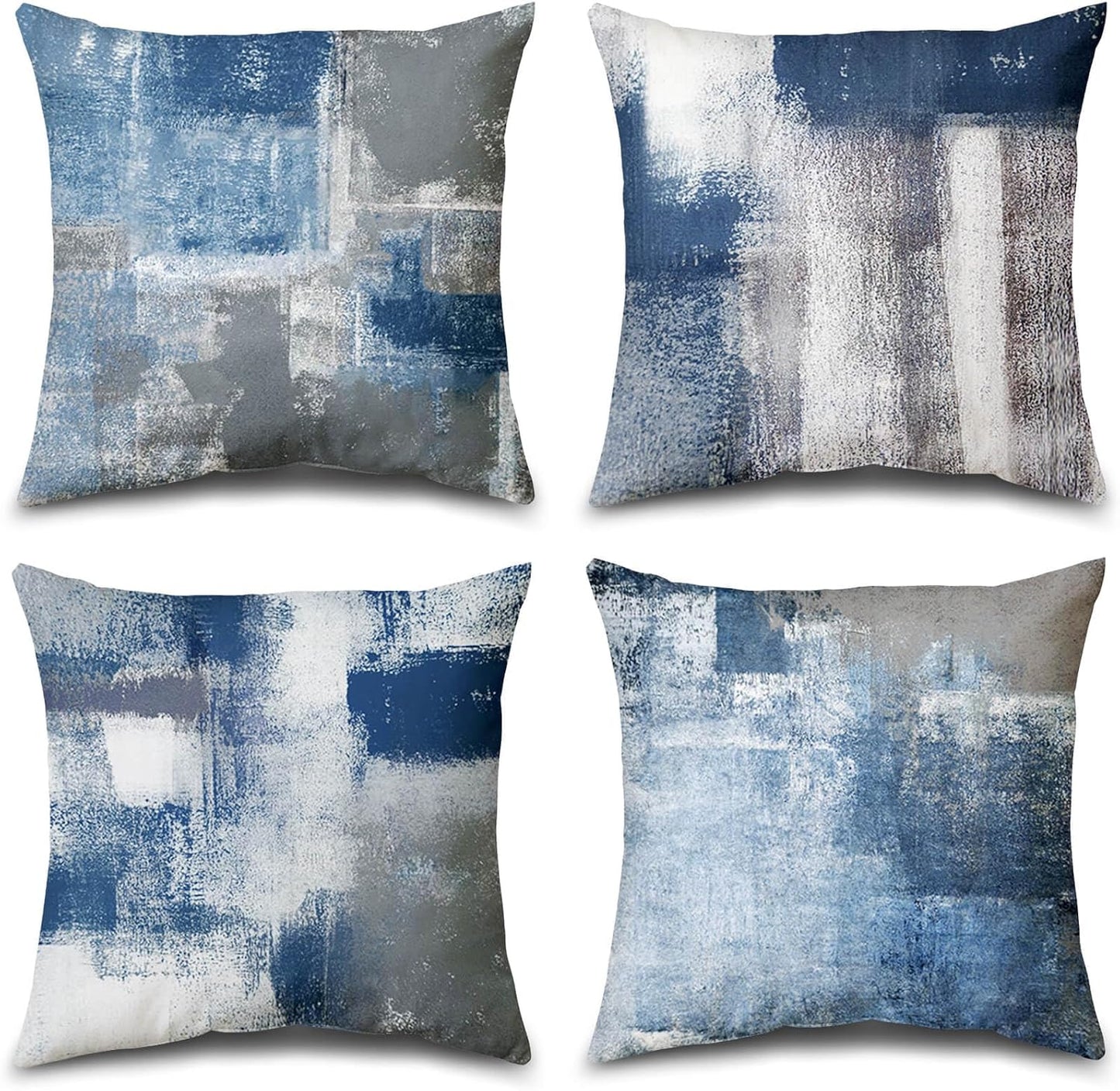 Set of 4 Blue and Grey Abstract Art Artwork Pillow Cover 18 x 18 Inch, Gallery Modern Decorative Throw Pillows Cushion Cover for Bedroom Sofa Living Room | Double-sided vibrant artwork accent cushion covers. Perfect decorative pillows for couch, sofa, bed