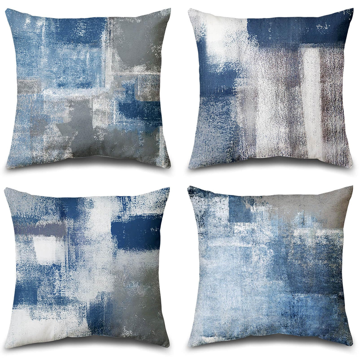Set of 4 Blue and Grey Abstract Art Artwork Pillow Cover 18 x 18 Inch, Gallery Modern Decorative Throw Pillows Cushion Cover for Bedroom Sofa Living Room | Double-sided vibrant artwork accent cushion covers. Perfect decorative pillows for couch, sofa, bed