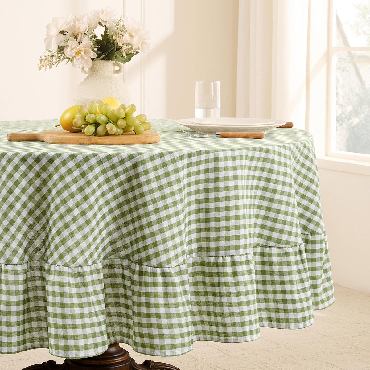 Romanstile Gingham Ruffled Tablecloth Rectangle, 60 x 84 Inch, Sage Green | Waterproof Checkered Table Cloth, Polyester-cotton, Farmhouse Plaid Table Cover for Outdoor, Picnic, Camping, Party