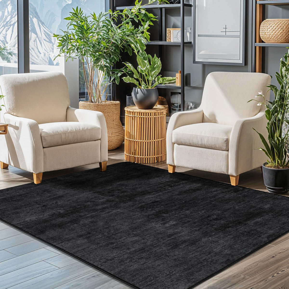 8x10 Washable Area Rug, Black Solid Area Rugs for Living Room & Bedroom | Stain-resistant & Non-slip backing,Low Pile Washable Large Carpet, Solid Vintage Style For High Traffic Areas(8x10,Black)