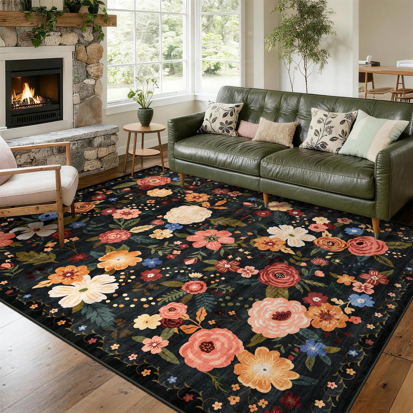 5x7 Washable Area Rug Green Boho Floral for Living Room Bedroom Nursery | Carpet for Dining Room, Soft Low-Pile Non-Slip Faux Wool, Farmhouse Indoor, Kid & Pet Friendly, Stain, Fade & Wear Resistant