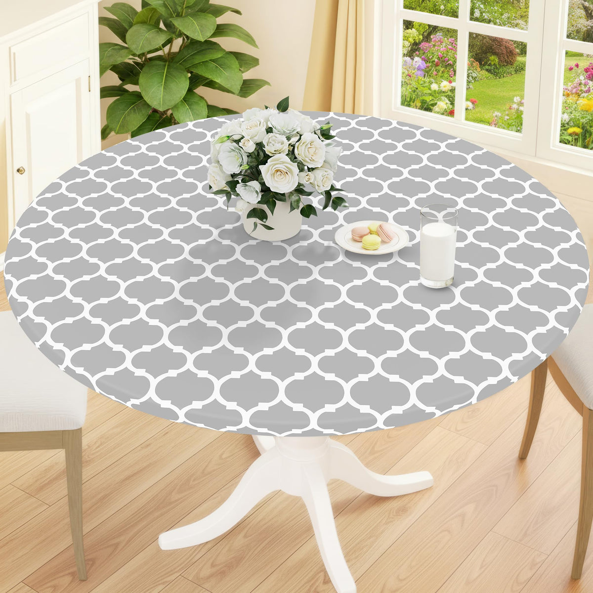 Smiry Round Picnic Tablecloth, Waterproof Elastic Fitted Table Covers for 45" - 56" Tables, Wipeable Flannel Backed Vinyl Tablecloths for Camping, Indoor, Outdoor, Grey & White