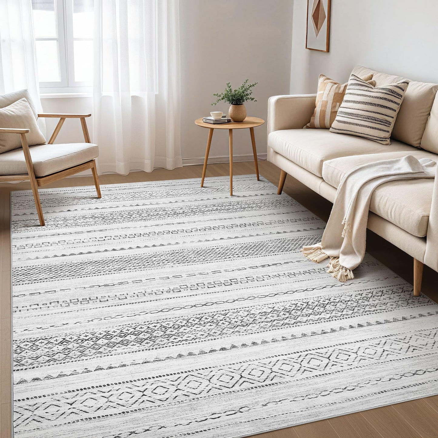 Nakagishi Boho 5x7 Area Rug Living Room Rugs Machine Washable Beige/Brown | Soft, Pet & Kid Friendly, Carpet for Living Room/Bedroom/Office/Kitchen/Nursery, Daily Home Decor Stain Resistant Moroccan