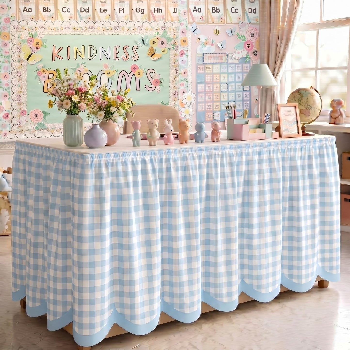 Teacher Desk Skirt 6 ft Pastel Checkered Classroom Decor | Ruffled Table Cover for Teacher Desk, Fits Kindergarten Office Decor, Back to School Classroom Supplies