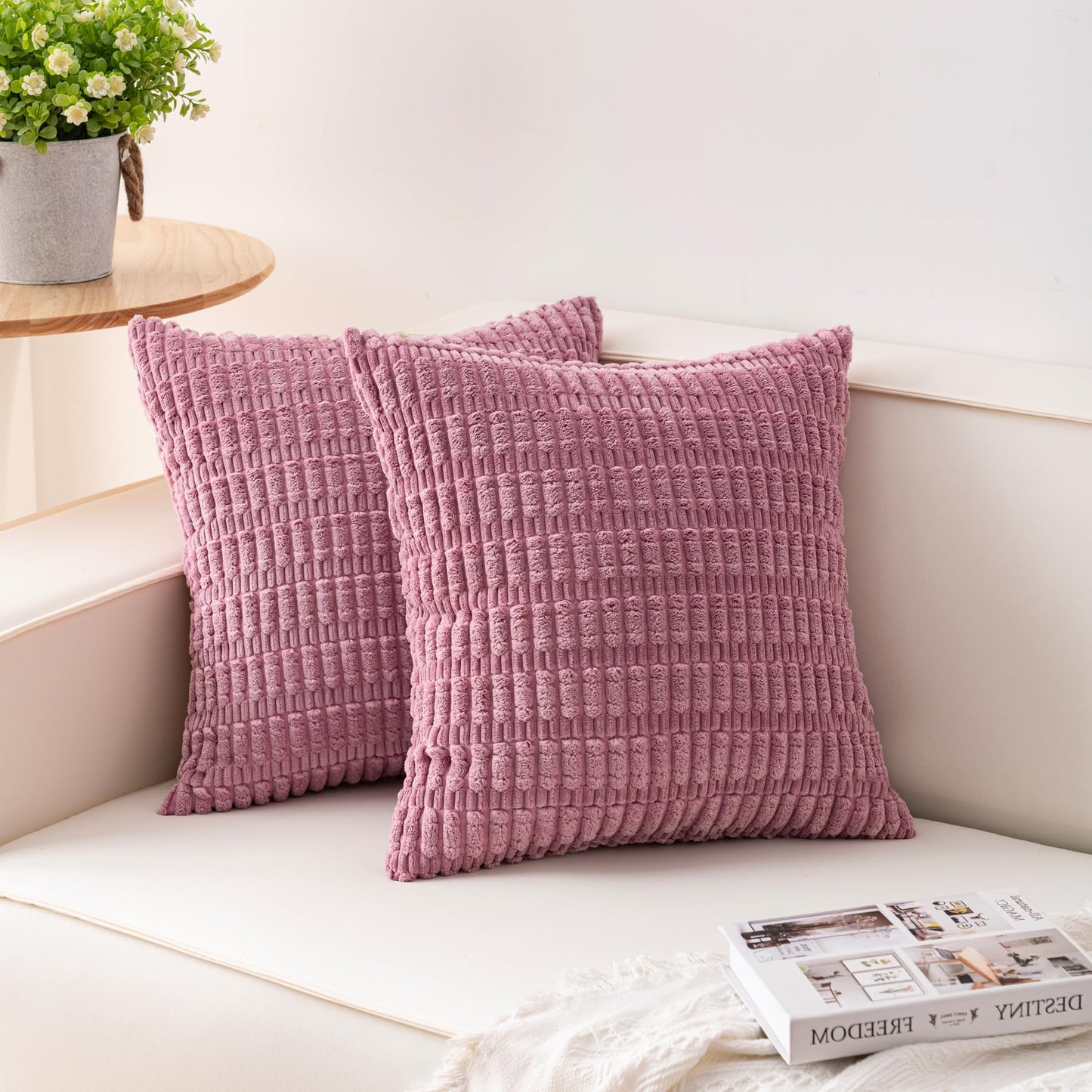 Pack of 2 Corduroy Decorative Throw Pillow Covers 18x18 Inch, Cream White | Fall Soft Striped Pillow Covers Modern Farmhouse Home Decor Christmas Throw Pillow Covers for Sofa Living Room Couch Bed ﻿