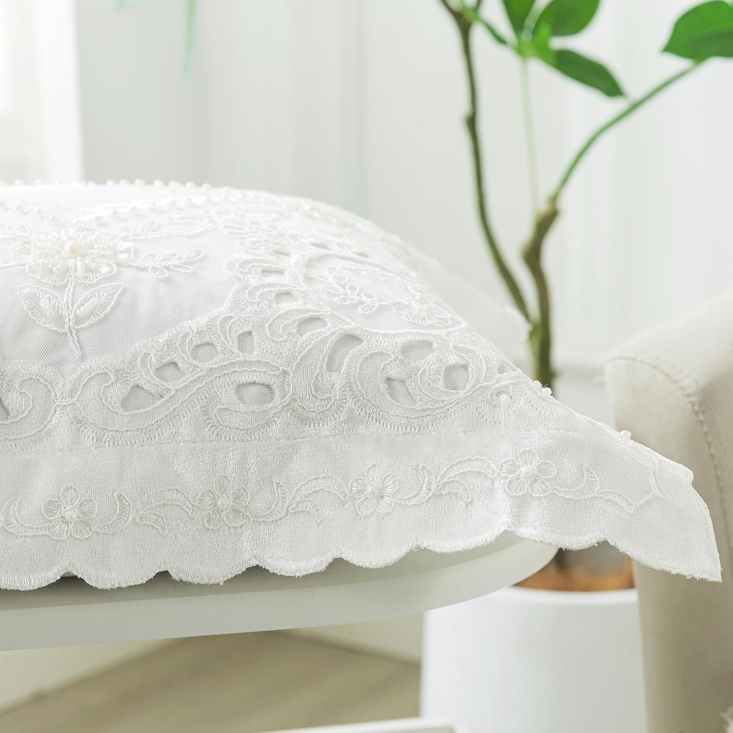 White Embroidery Throw Pillow Cover with Floral Hand Beaded 16"x16", 1 Pack | Handmade Cushion Cover, Wedding Pillowcases, Cotton Blending Silk