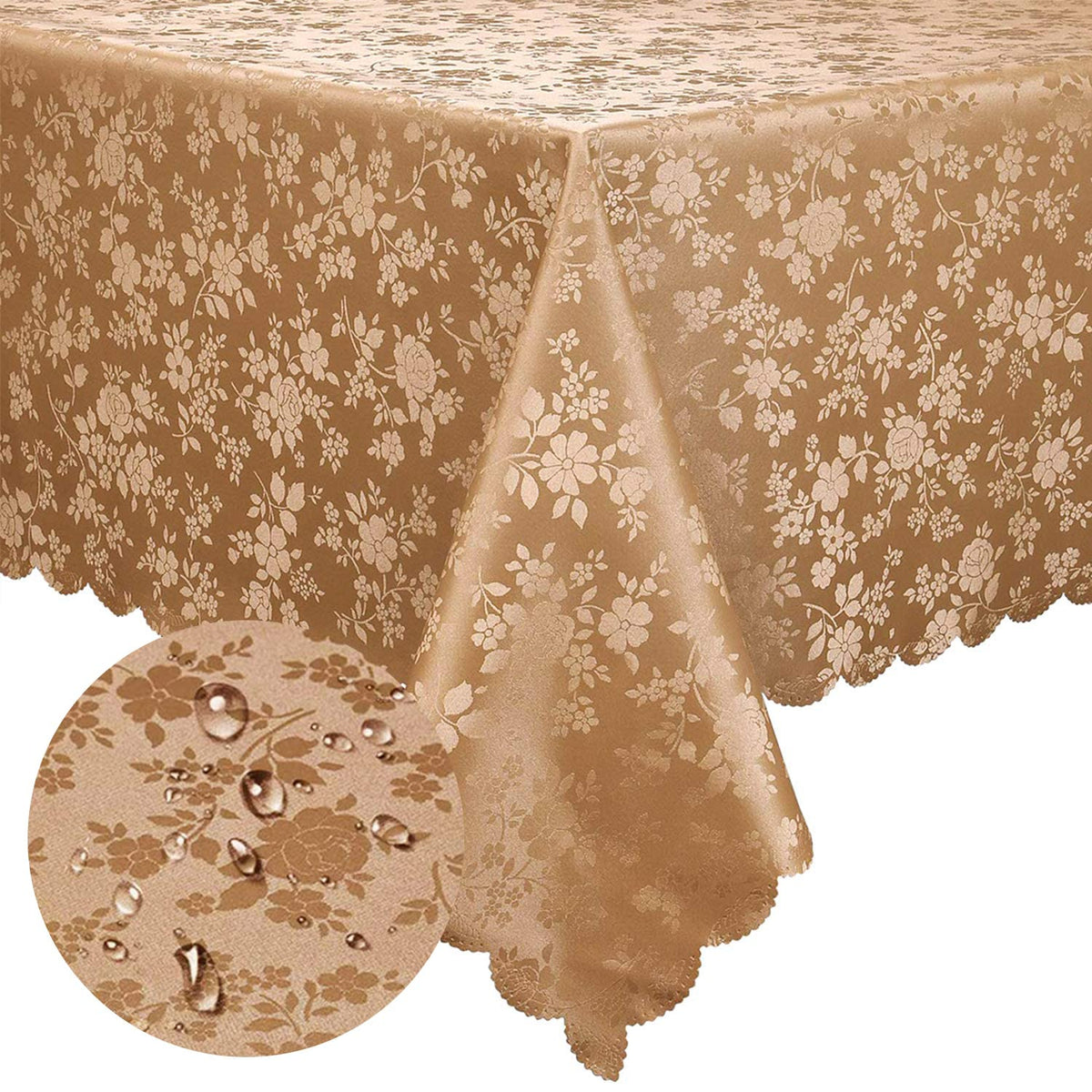 Smiry Rectangle Waterproof Heavy Duty Vinyl Tablecloths, 60 x 84 Inch | Wipeable Washable Floral Embossed Table Cover for Kitchen and Dining Room, Indoor & Outdoor Use, Beige