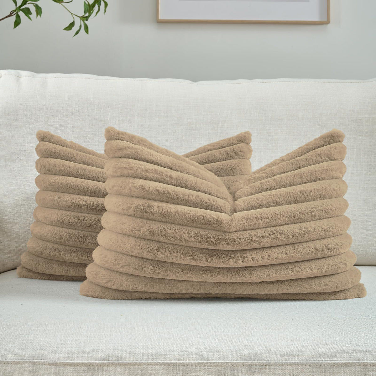 FUTEI Pack of 2 Faux Fur Throw Pillow Covers 18x18 Inch, Cream White | Fluffy Faux Rabbit Fur Front/Premium Velvet Back,Hidden Zipper,Machine Washable,Non-Shedding,Colorfast,Insert Not Included.