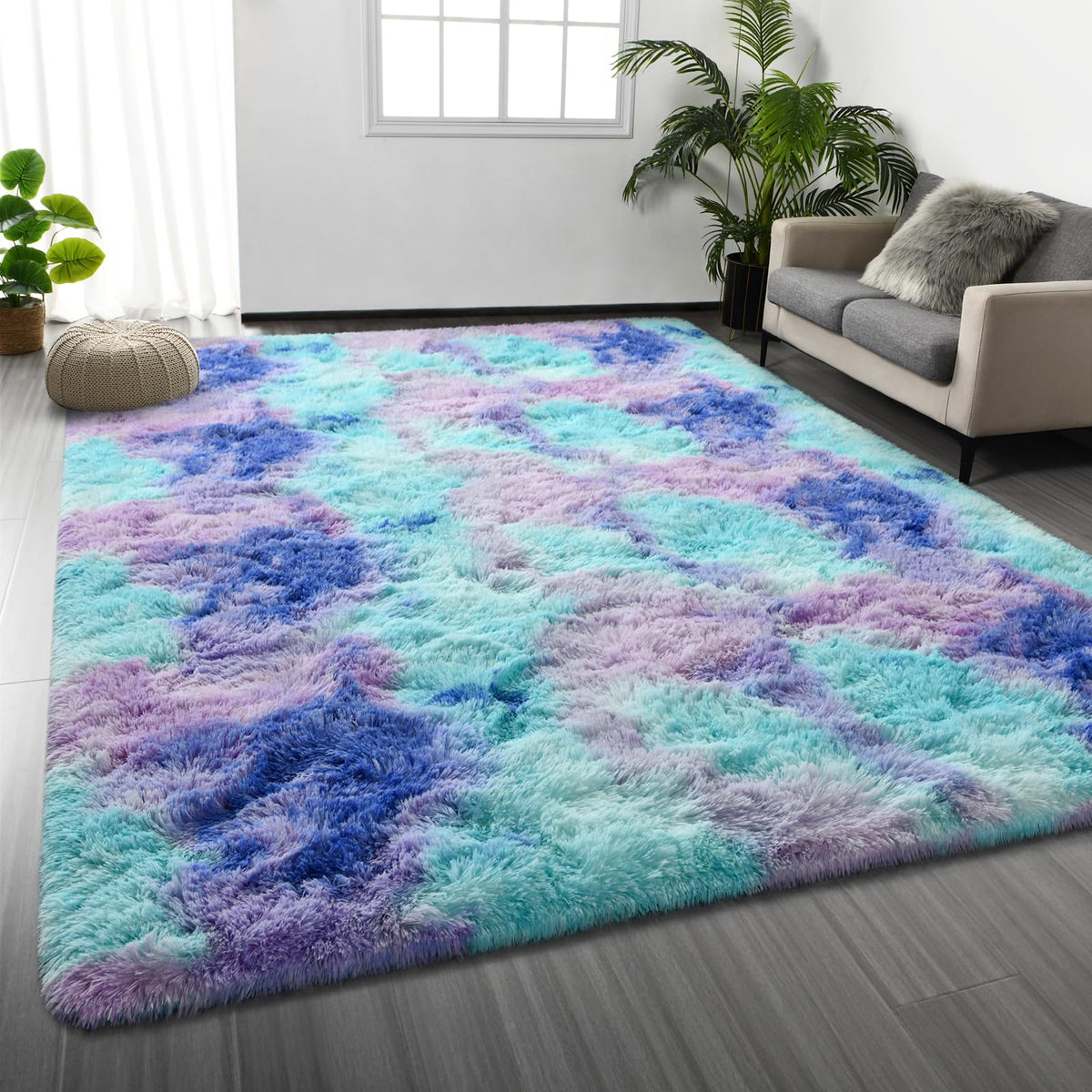 Deerhoo Large Shag Area Rugs 6 x 9, Light Grey | Tie-Dyed, Ultra Soft Plush Fuzzy,Washable, For Living Room, Bedroom, Indoor Carpet Nursery Kids Teen Home Decor