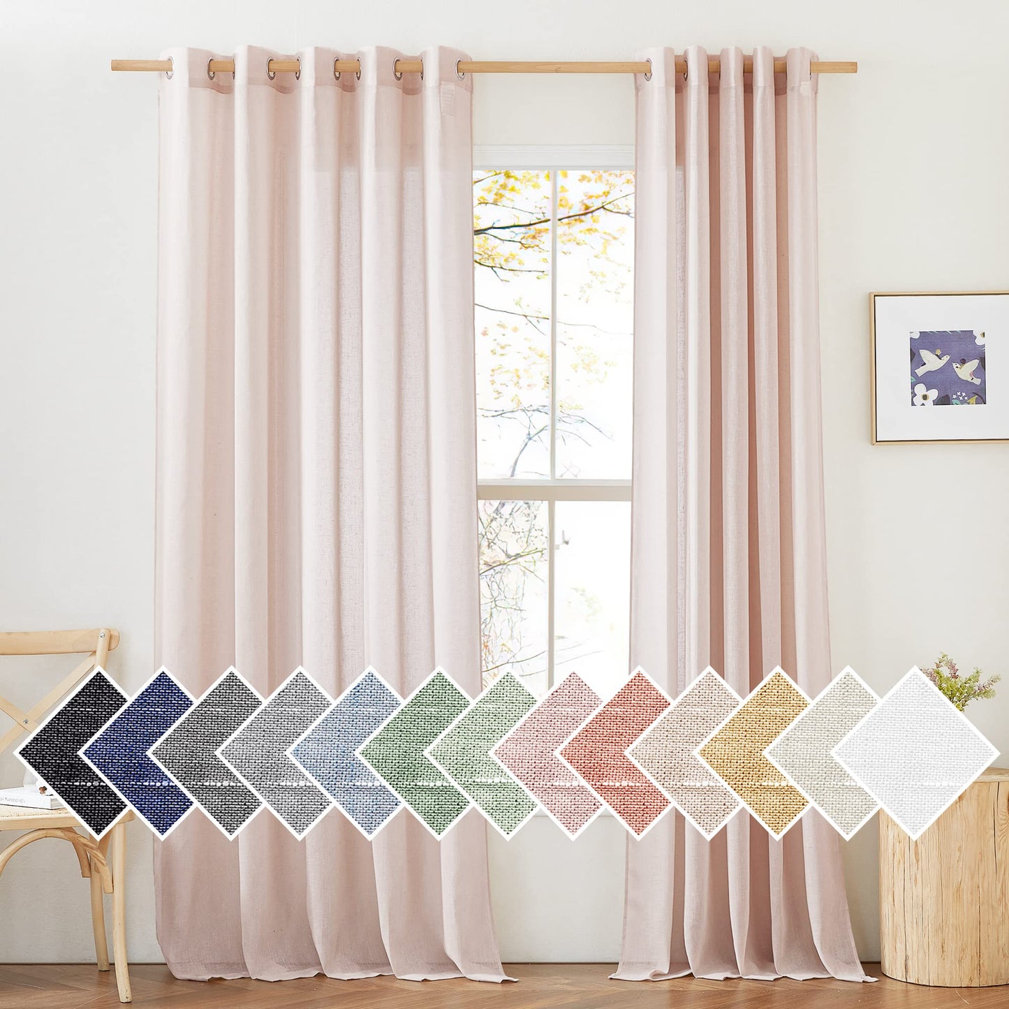 NICETOWN White Sheer Linen Curtains for Living Room 84 inch Length 2 Panels Set, Grommet Semi Sheer Privacy with Light Filtering Flax Window Treatments for Bedroom, W52 x L84
