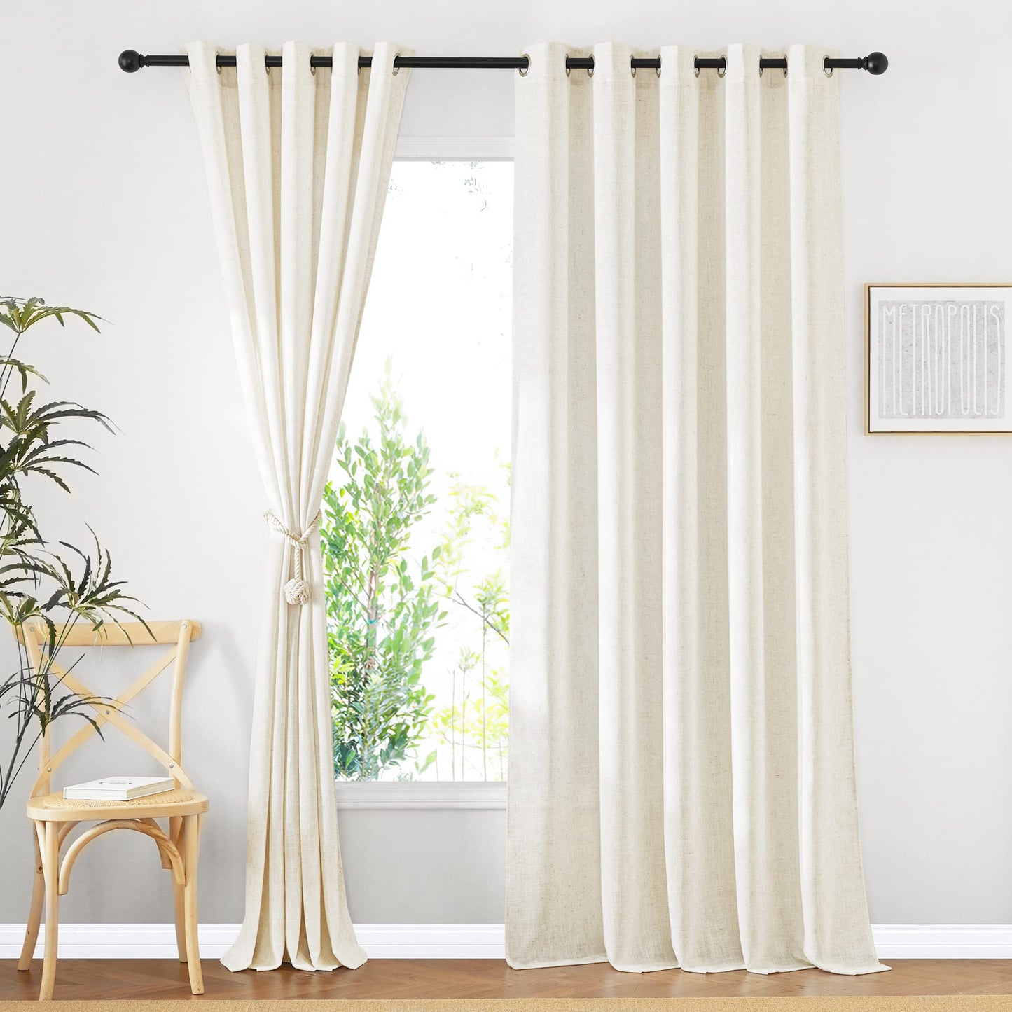 NICETOWN White Sheer Linen Curtains for Living Room 84 inch Length 2 Panels Set, Grommet Semi Sheer Privacy with Light Filtering Flax Window Treatments for Bedroom, W52 x L84
