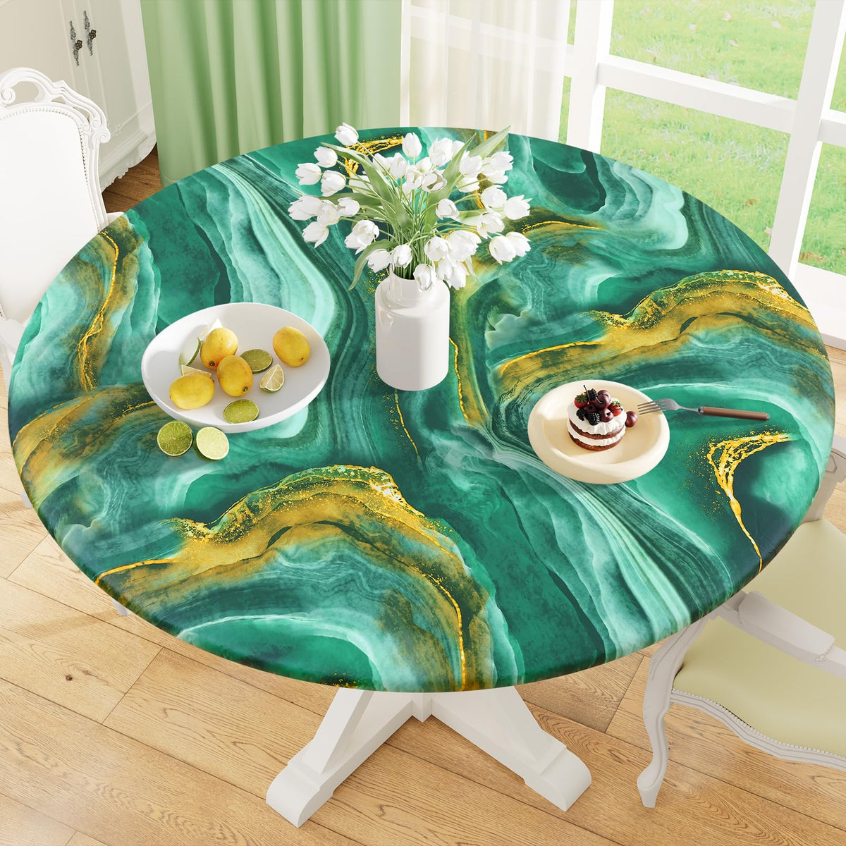 Round Fitted Tablecloth with Elastic Edge, 100% Waterproof Oil Proof Plastic Table Cover, Vinyl Flannel Backed Tablecloth Fits 36"-44" Round Tables for Dinner, Outdoor, Picnic, Oak Wooden Grain