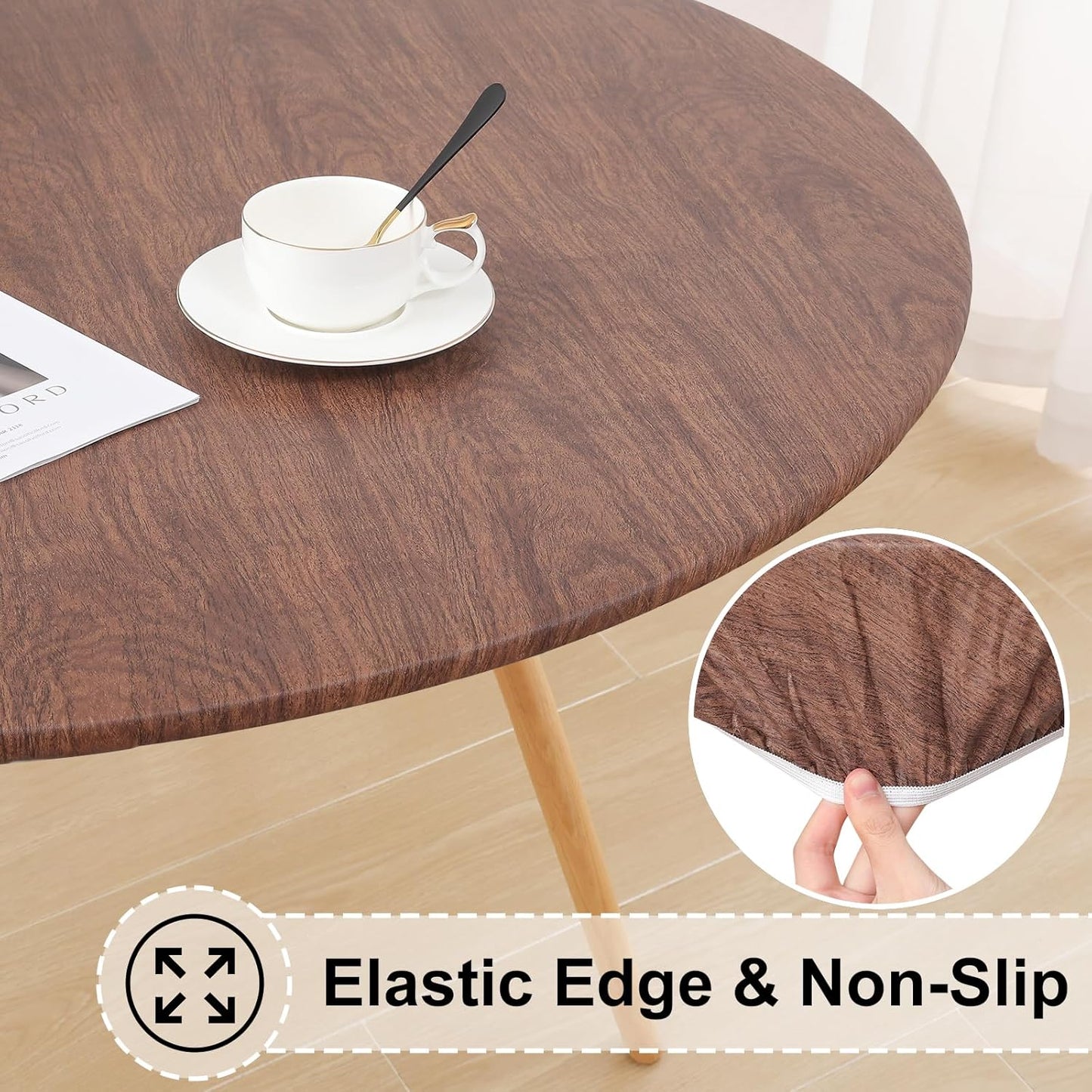 Round Fitted Tablecloth with Elastic Edge, 100% Waterproof Oil Proof Plastic Table Cover, Vinyl Flannel Backed Tablecloth Fits 36"-44" Round Tables for Dinner, Outdoor, Picnic, Oak Wooden Grain