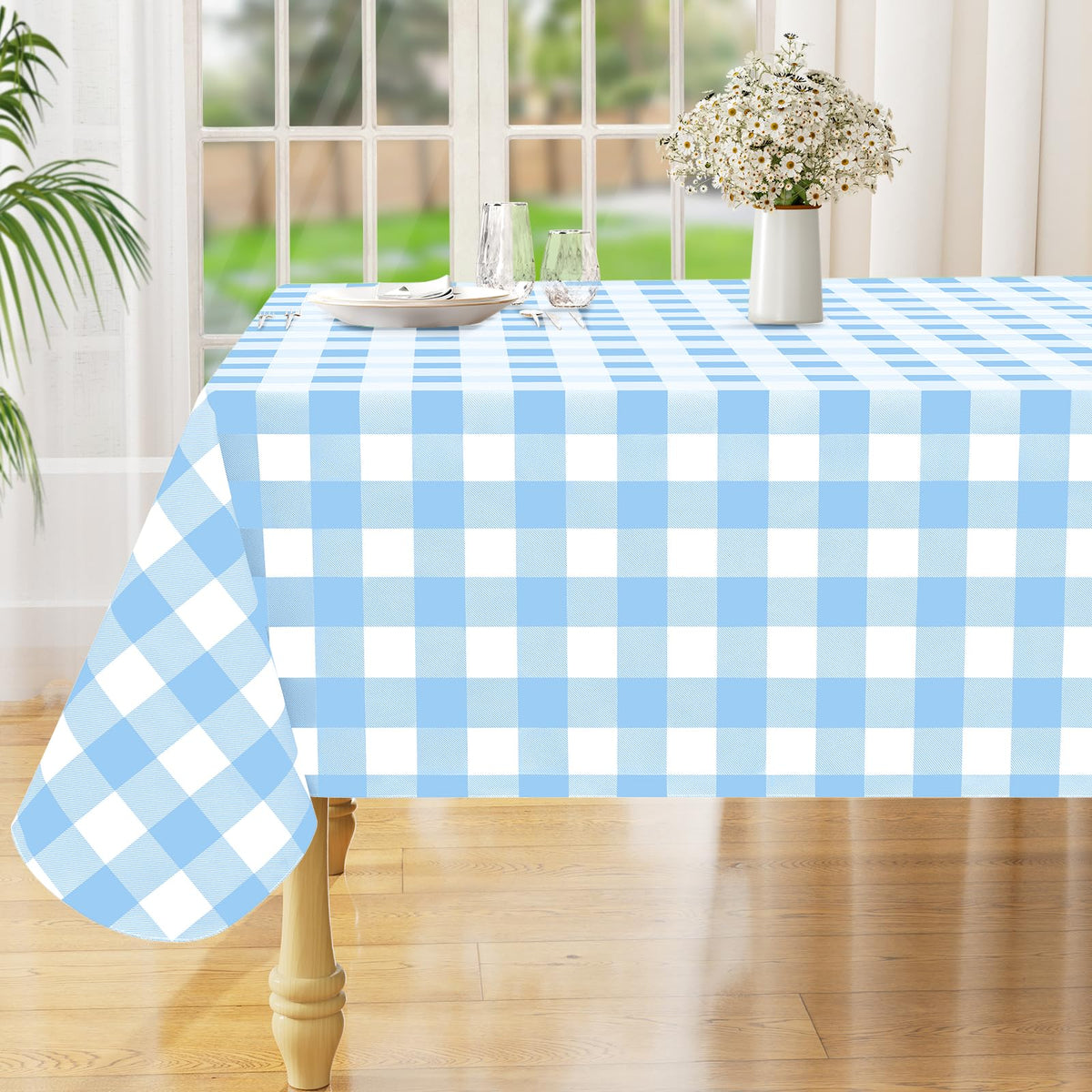 Rectangle Waterproof Vinyl Table Cloth, Buffalo Flannel Backed Tablecloth, Wipeable Plastic Table Cover for Dinner, Kitchen, Outdoor (60" x 84", Black and White)