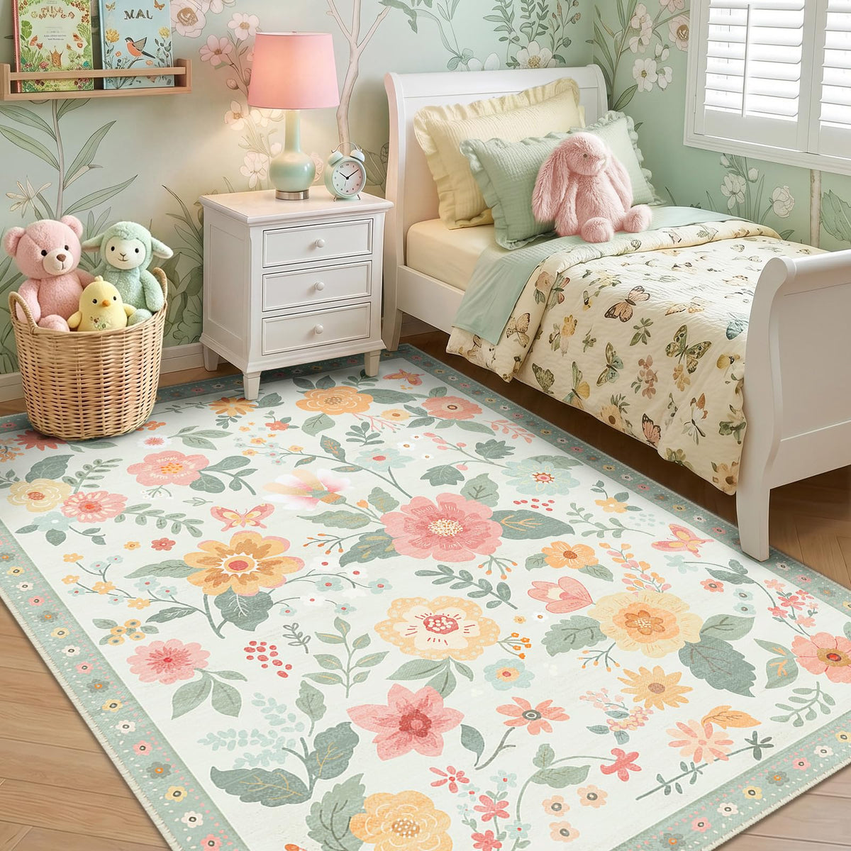RELEANY Floral Washable 5x7 Area Rugs Beige/White/Orange | Flower Carpet, Print, Boho, Non-Slip, Easy to Clean, Soft, Low Pile for Living Room Bedroom Kitchen Office Entryway Hallway