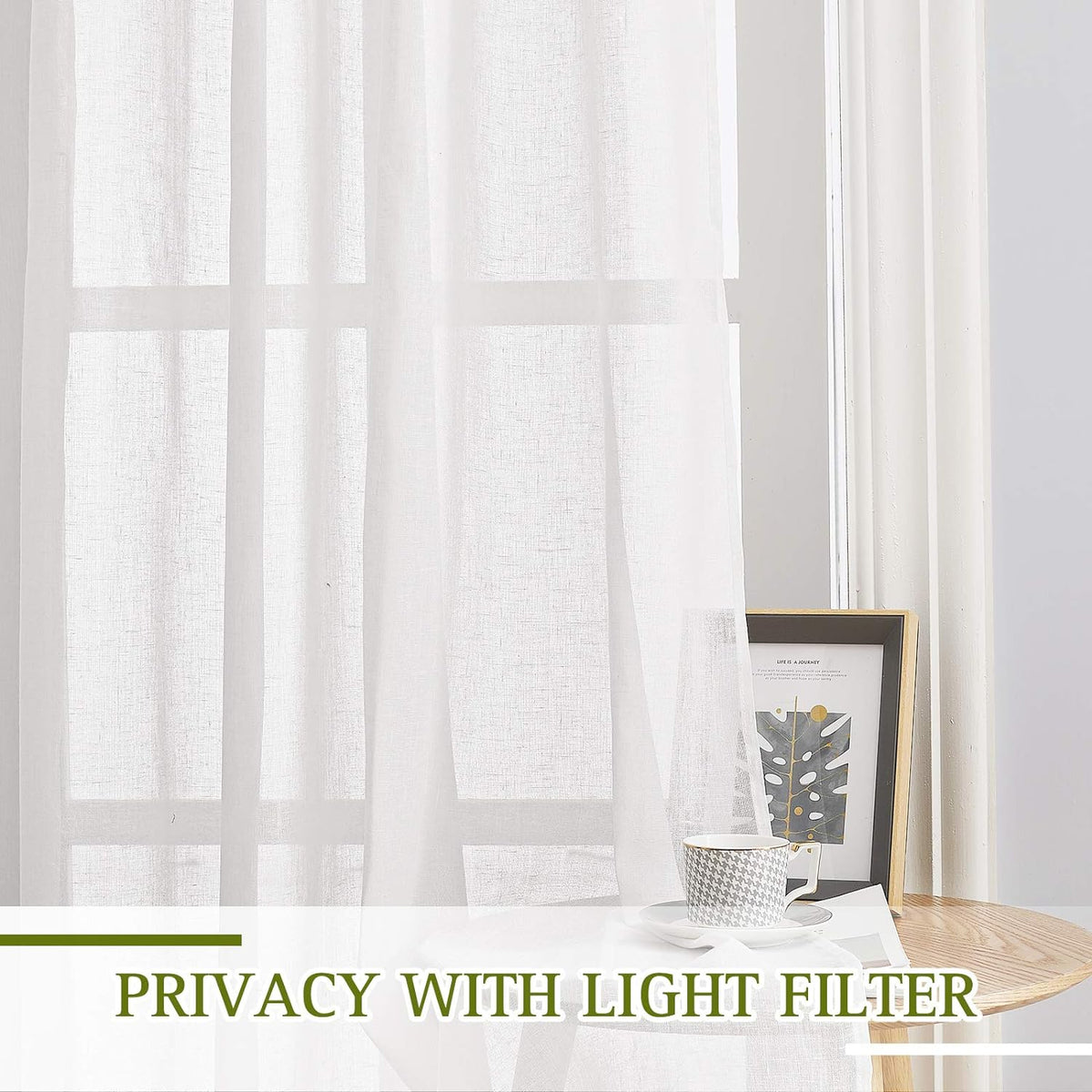 NICETOWN White Sheer Linen Curtains for Living Room 84 inch Length 2 Panels Set, Grommet Semi Sheer Privacy with Light Filtering Flax Window Treatments for Bedroom, W52 x L84
