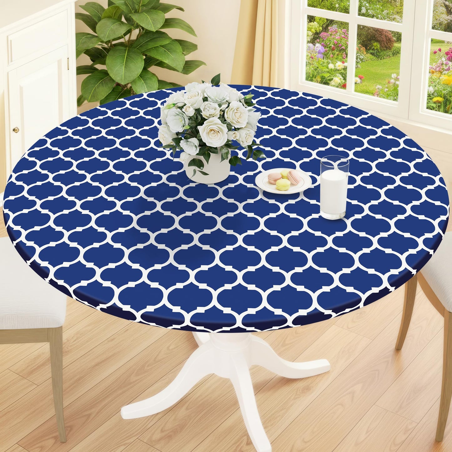 Smiry Round Picnic Tablecloth, Waterproof Elastic Fitted Table Covers for 45" - 56" Tables, Wipeable Flannel Backed Vinyl Tablecloths for Camping, Indoor, Outdoor, Grey & White