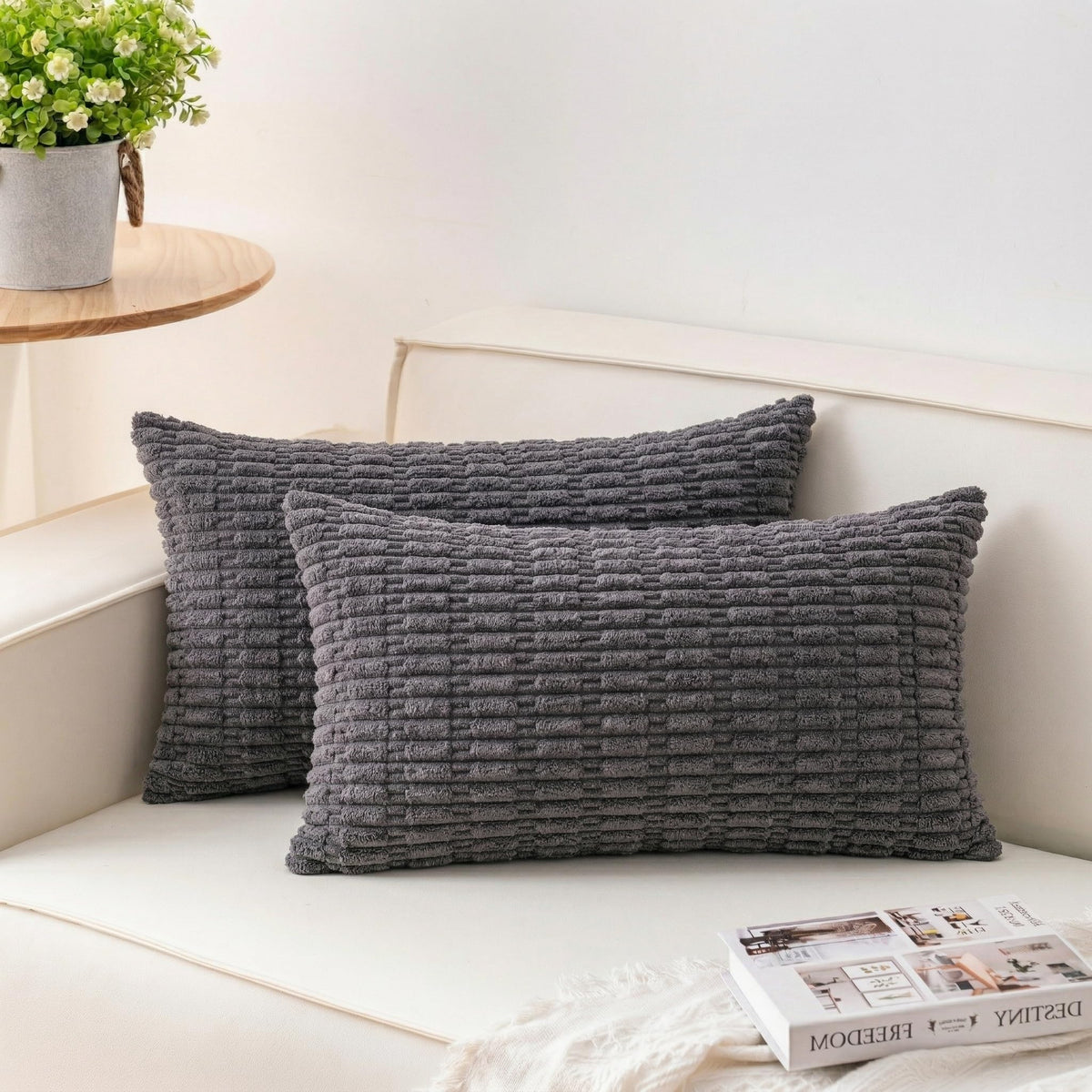 Pack of 2 Corduroy Decorative Throw Pillow Covers 18x18 Inch, Cream White | Fall Soft Striped Pillow Covers Modern Farmhouse Home Decor Christmas Throw Pillow Covers for Sofa Living Room Couch Bed ﻿
