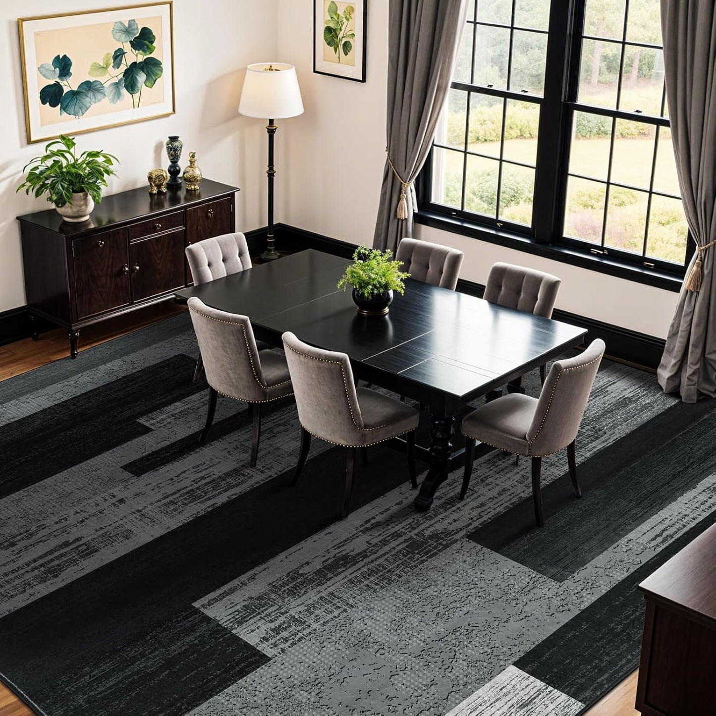 LIANLAM 8x10 Washable Area Rugs for Living Room & Bedroom(8x10,Black&Gray) | Non-Slip Large Carpet,Vintage Checkered Pattern, Stain Resistant Faux Wool Low Pile Soft Rug for Dining Room,Office,Nursery