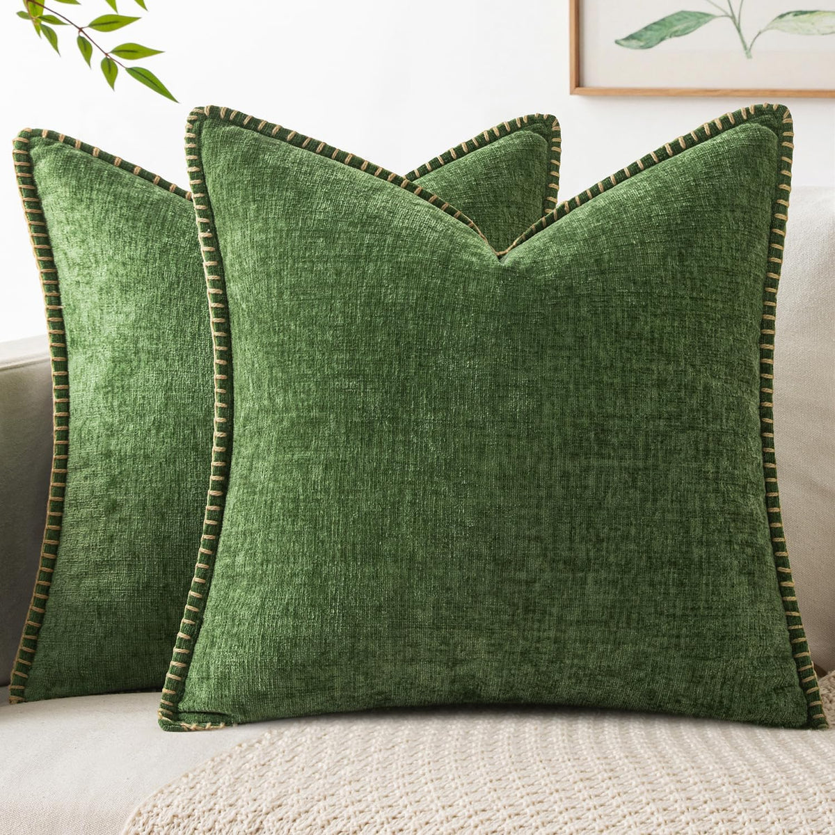 MIULEE Decorative Couch Throw Pillow Covers 18x18 Inch Sage Green 2 Pack | Farmhouse Pillow Covers with Stitched Edge, Soft Chenille Cushion Cases, for Sofa Bed Living Room Home Decor