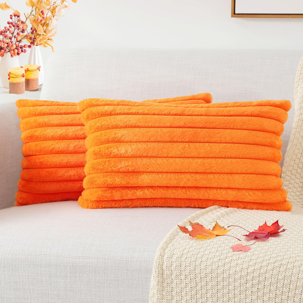 Pallene Faux Fur Decorative Throw Pillow Covers 18x18 Set of 2, Cream White | Luxury Plush Texture, Striped Design, Cozy Soft Touch, Modern Home Accent Decor for Couch, Sofa, Bed, Living Room