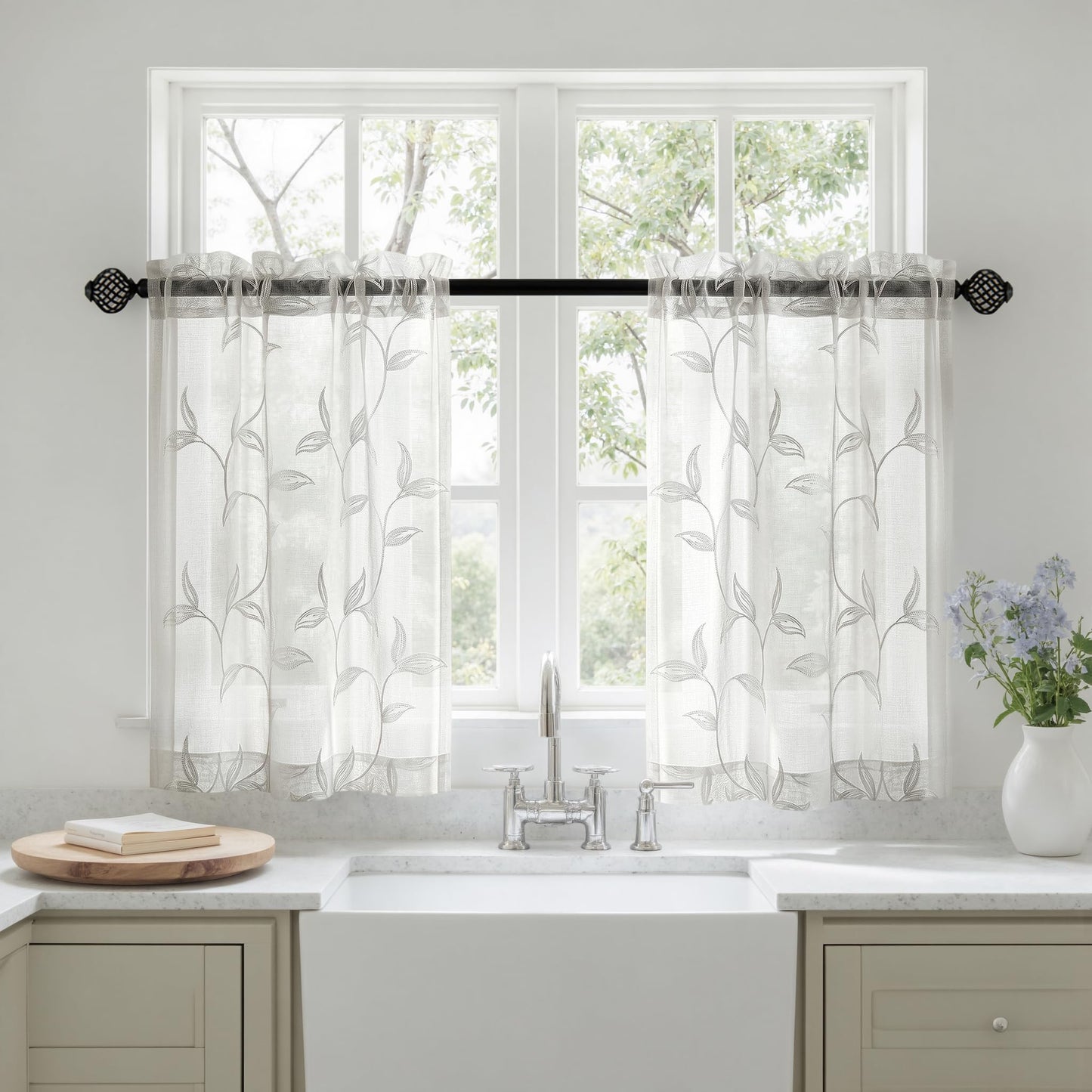 Sheer Curtains Boho Leaf Floral Embroidered Cream Beige 54Wx84L | Light Filtering Semi Sheer Voile Curtains With Design, Rod Pocket Window Drapes for Bedroom Living Room 2 Panels