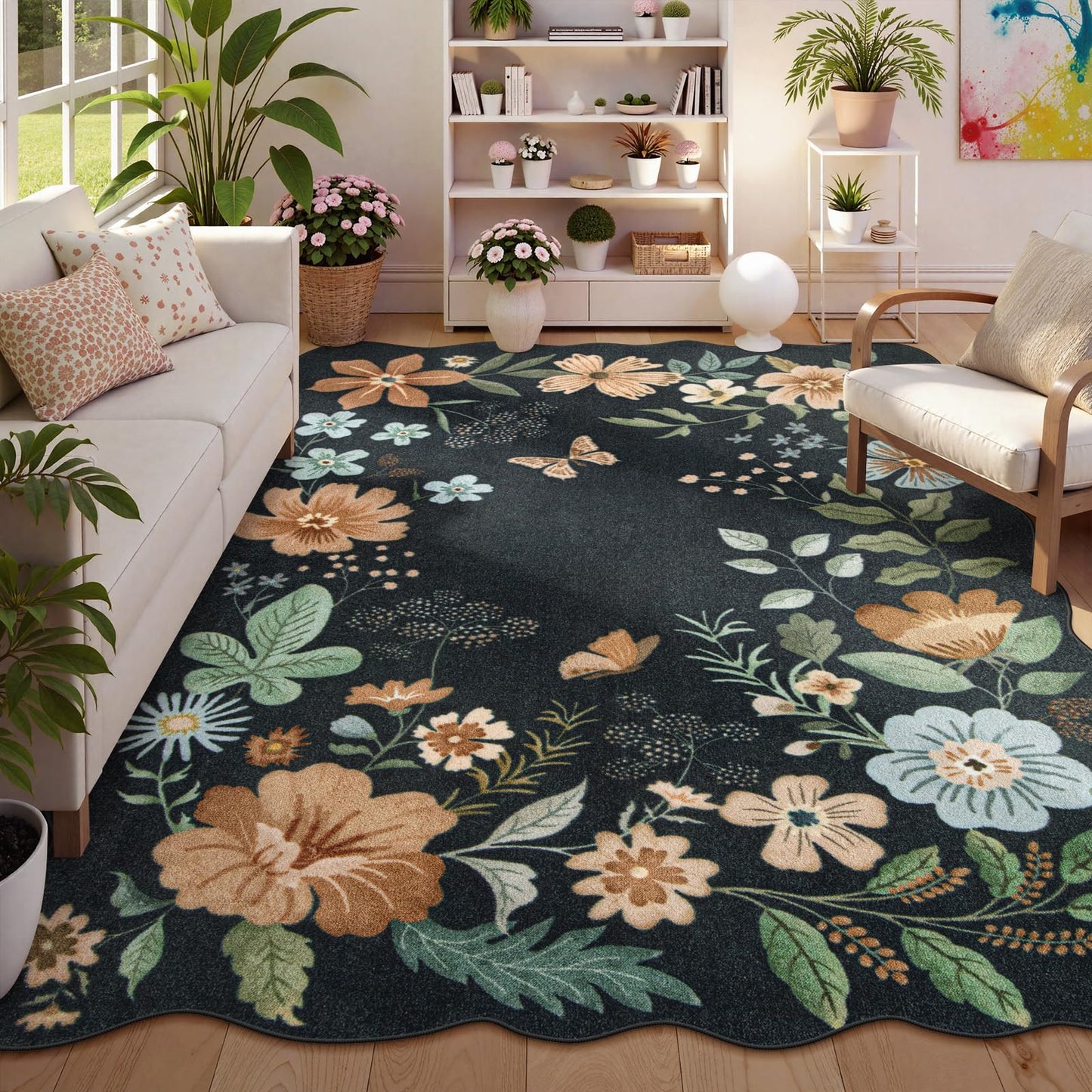 Lahome Floral Washable Living Room Rug, 5x7 Area Rugs for Bedroom Soft | Dining Room Rug Ultra-Thin Non Slip Stain Resistant Boho Low-Pile Throw Carpet for Office Flore (5x7ft, Beige)