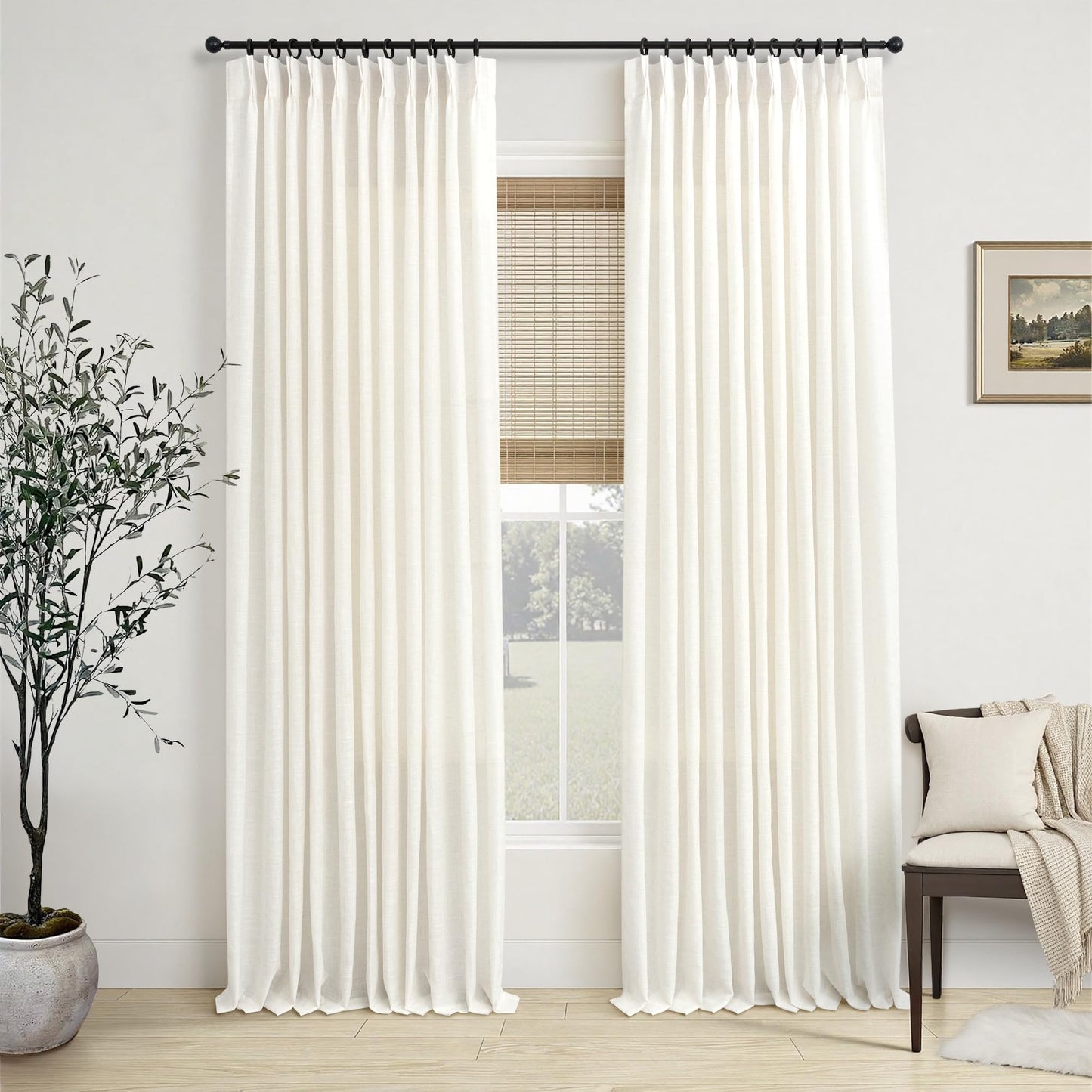 White Linen Pleated Curtains 84 Inches Long for Bedroom Back Tab Light Filtering Sheer Pinch Pleat Drapes Hook Ring Modern Farmhouse Coastal Cotton Textured Gauze Curtain Living Room 84 Length 2 Panel