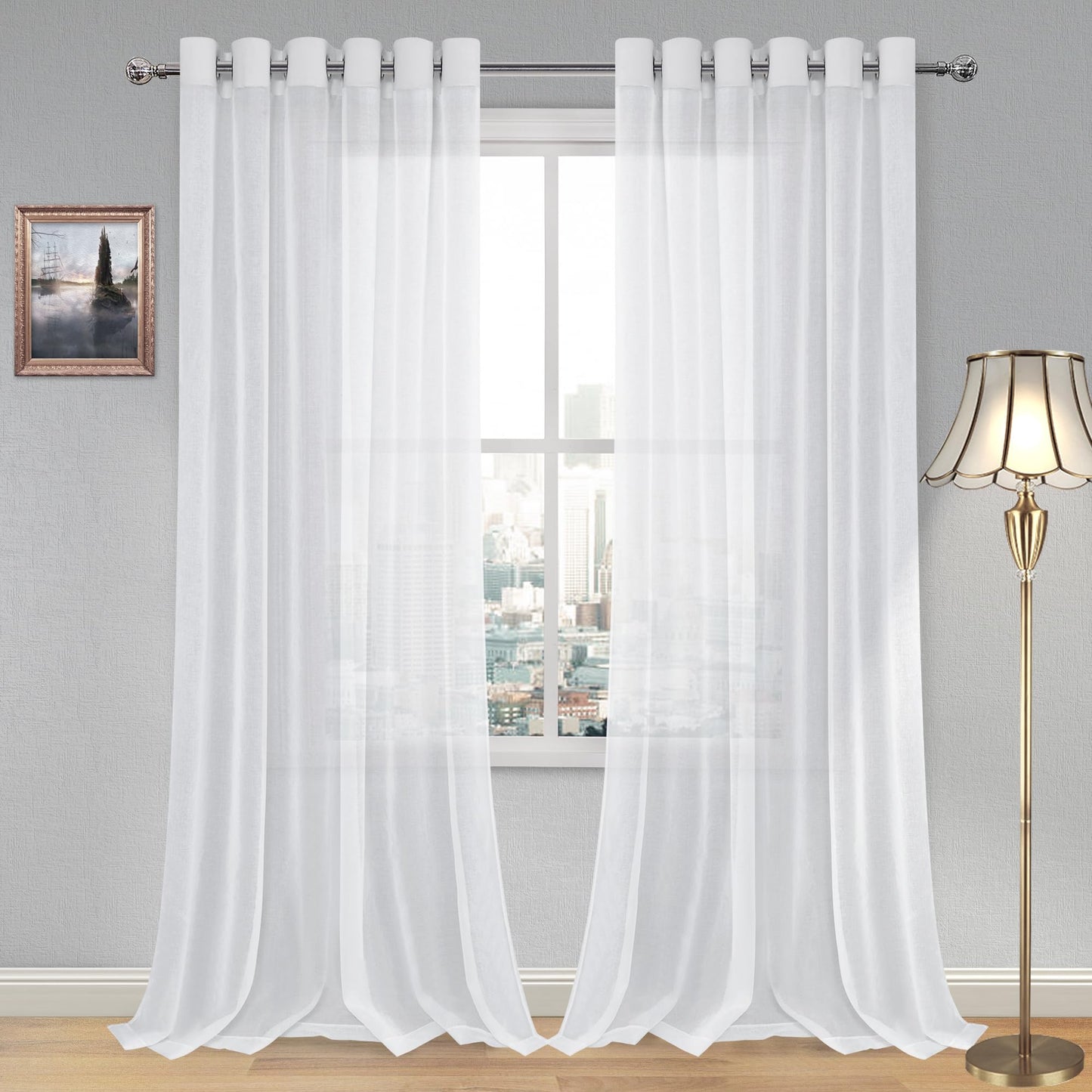 DWCN White Sheer Curtains Linen Look Semi Transparent Voile Grommet White Curtains for Living Dining Room Drapes 52 x 84 Inch Long, Set of 2 Panels
