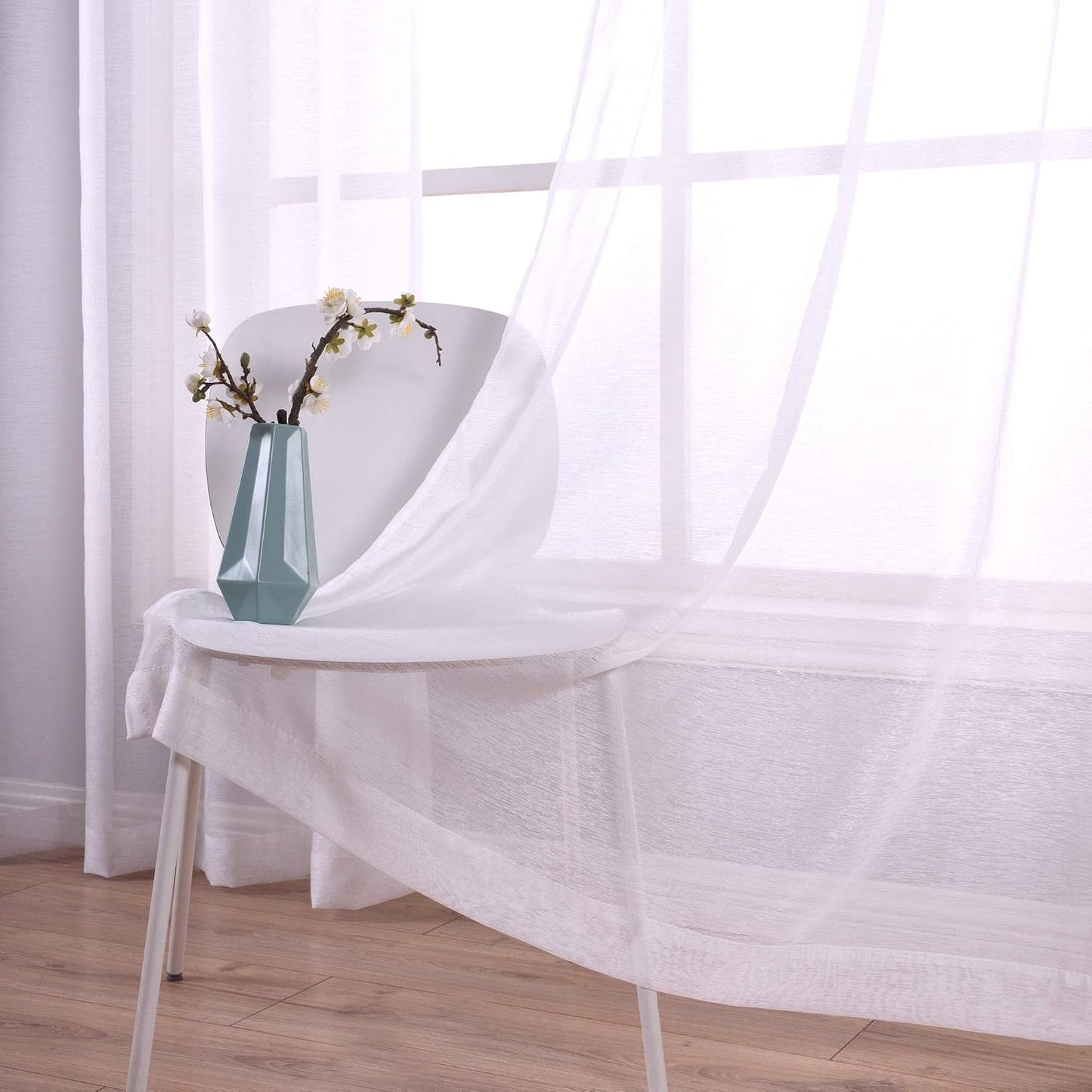 White Sheer Curtains 84 Inches Long Set 2 Panels Grommet Pair Faux Linen Semi Transparent Drape Tulle Gauze Voile Window Sheer Curtains for Bedroom Living Room Dining Wide 52 Length Solid Pack